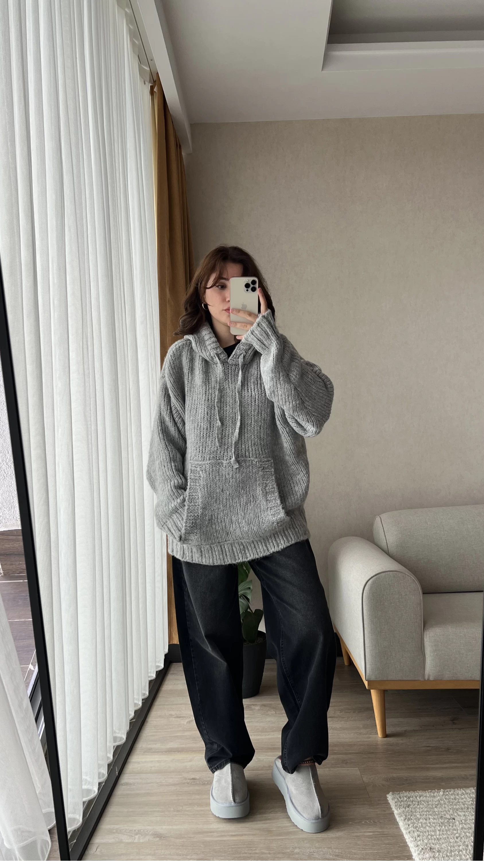 Puffy Oversize Örgü Sweatshirt Gri