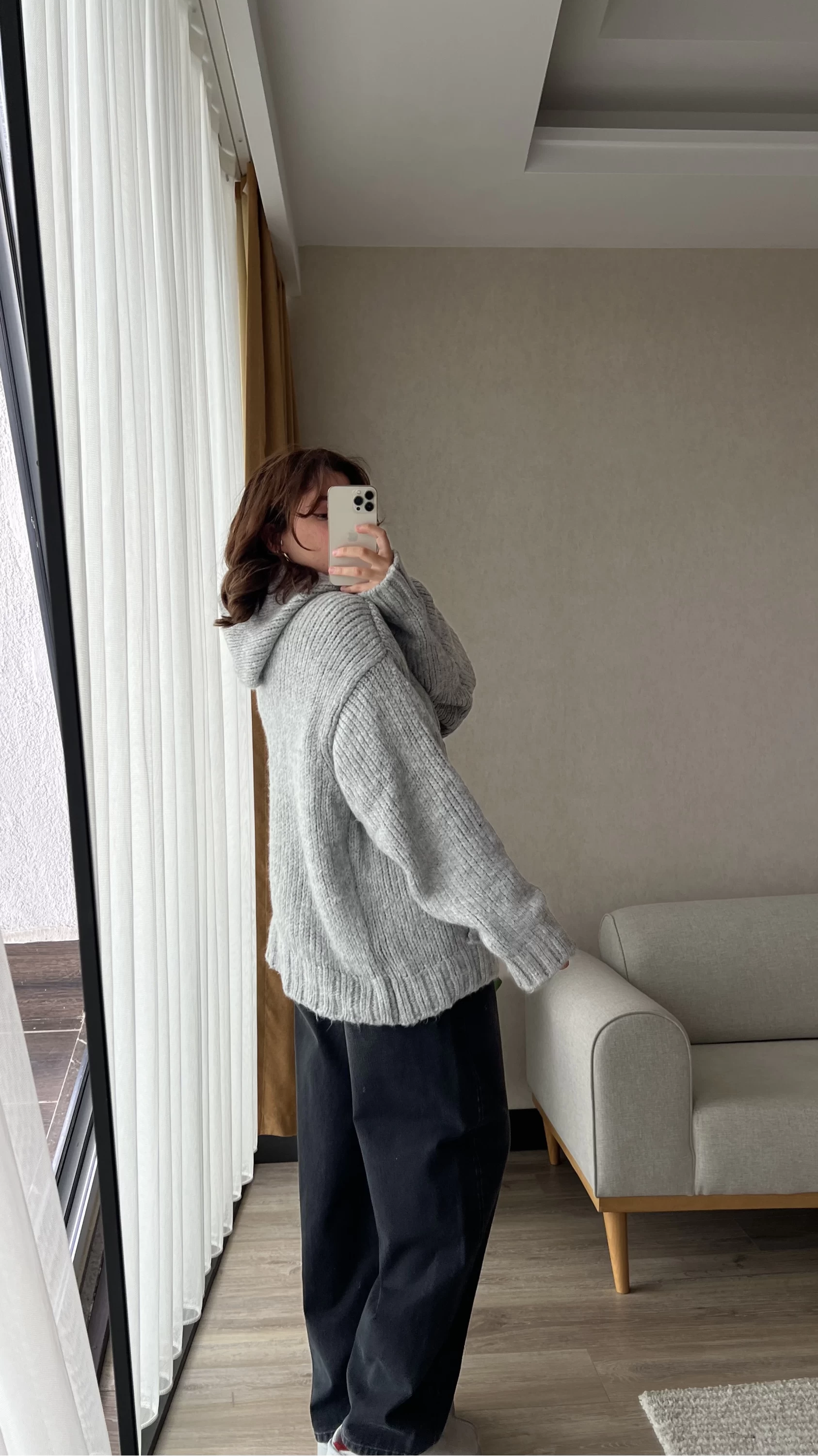 Puffy Oversize Örgü Sweatshirt Gri