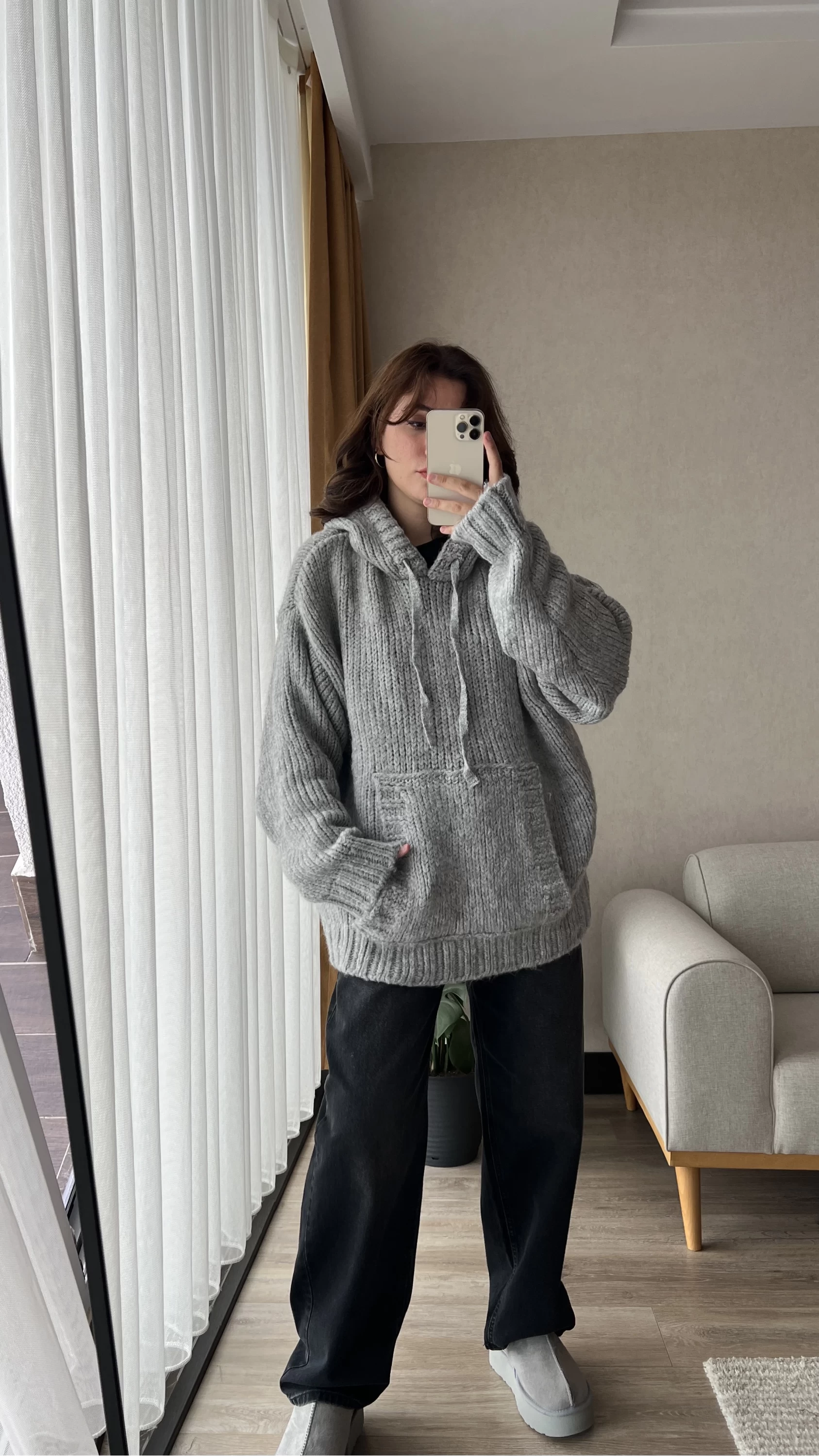 Puffy Oversize Örgü Sweatshirt Gri