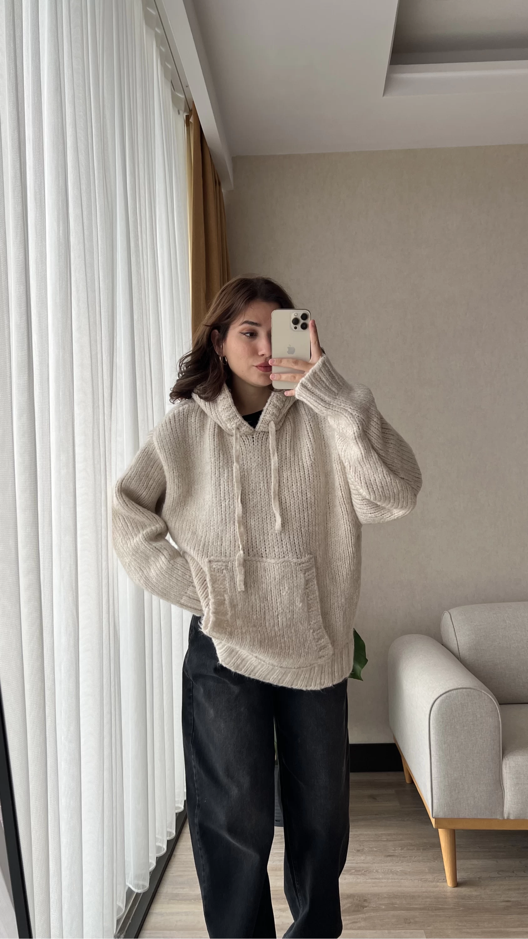 Puffy Oversize Örgü Sweatshirt Krem