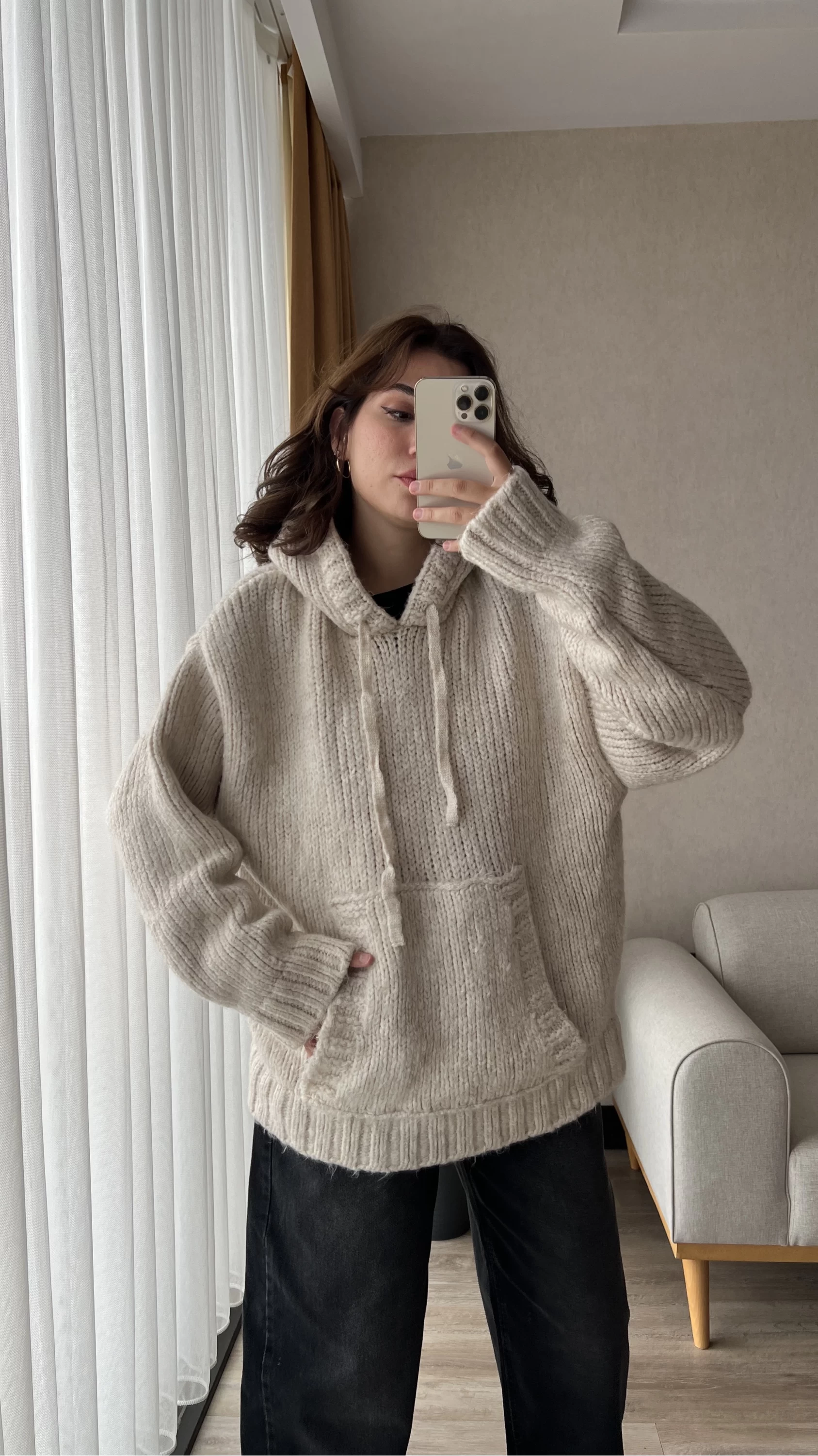 Puffy Oversize Örgü Sweatshirt Krem