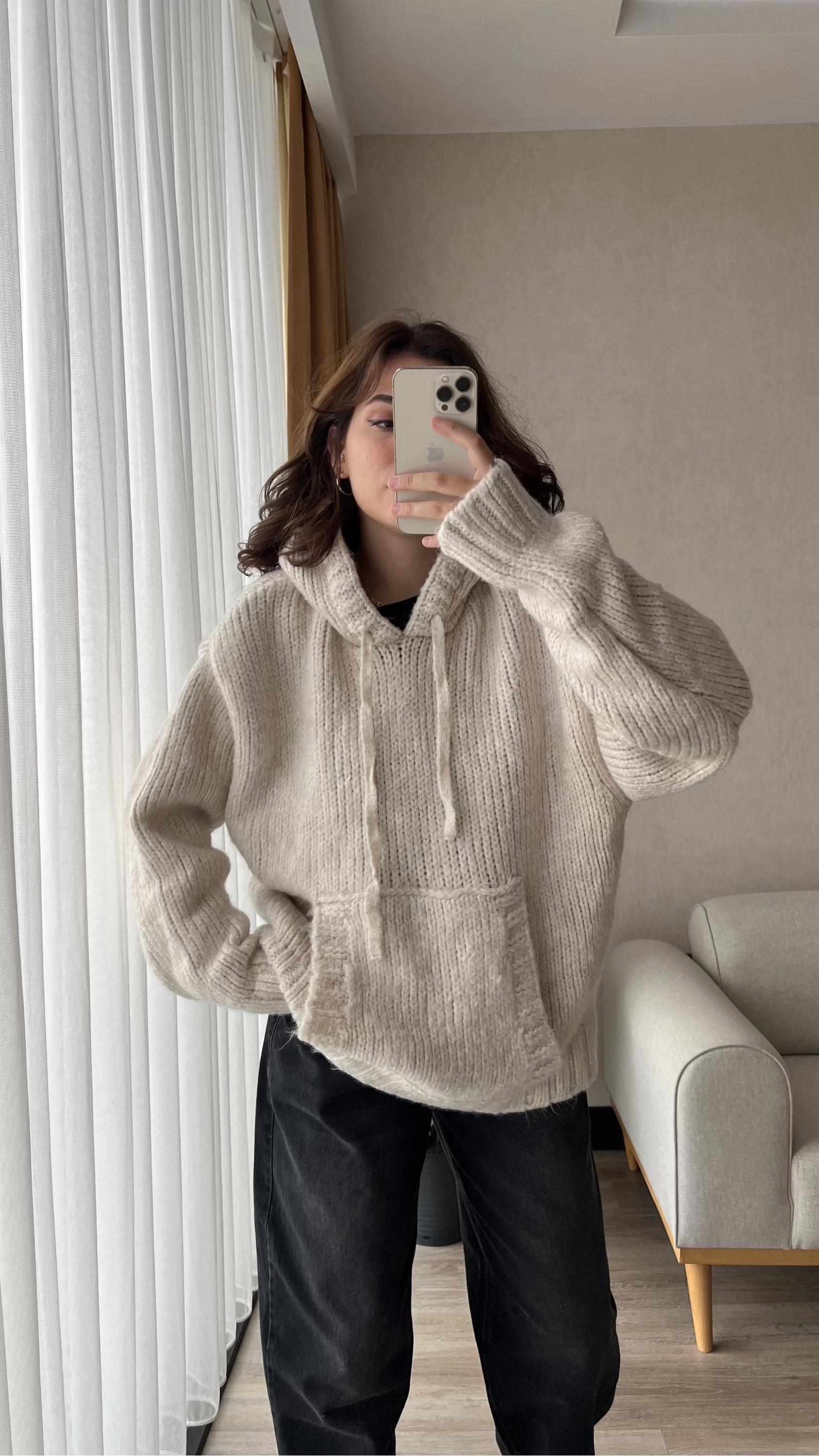 Puffy Oversize Örgü Sweatshirt Krem