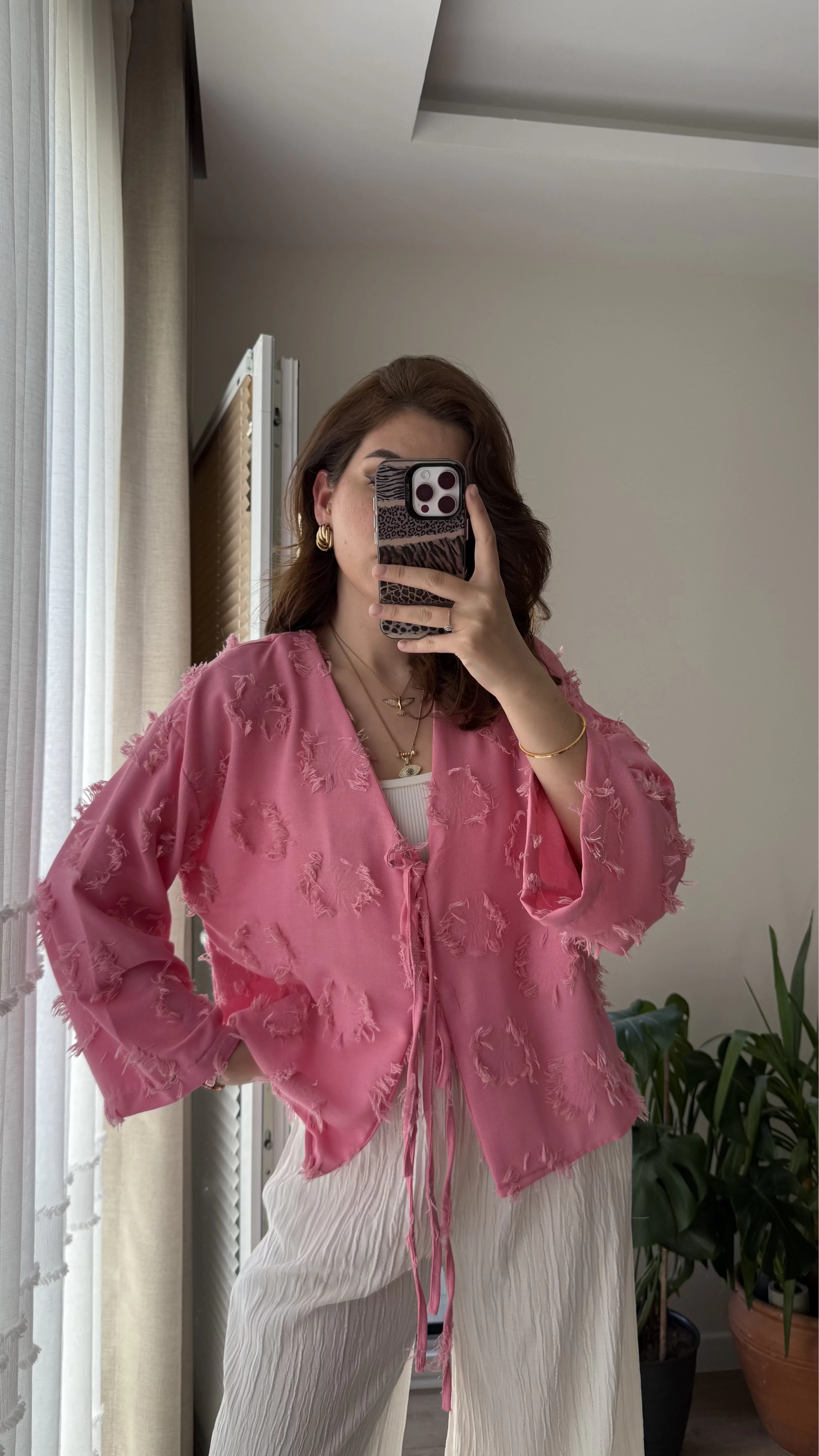 Püskül Detay Bağlamalı Gömlek Pembe