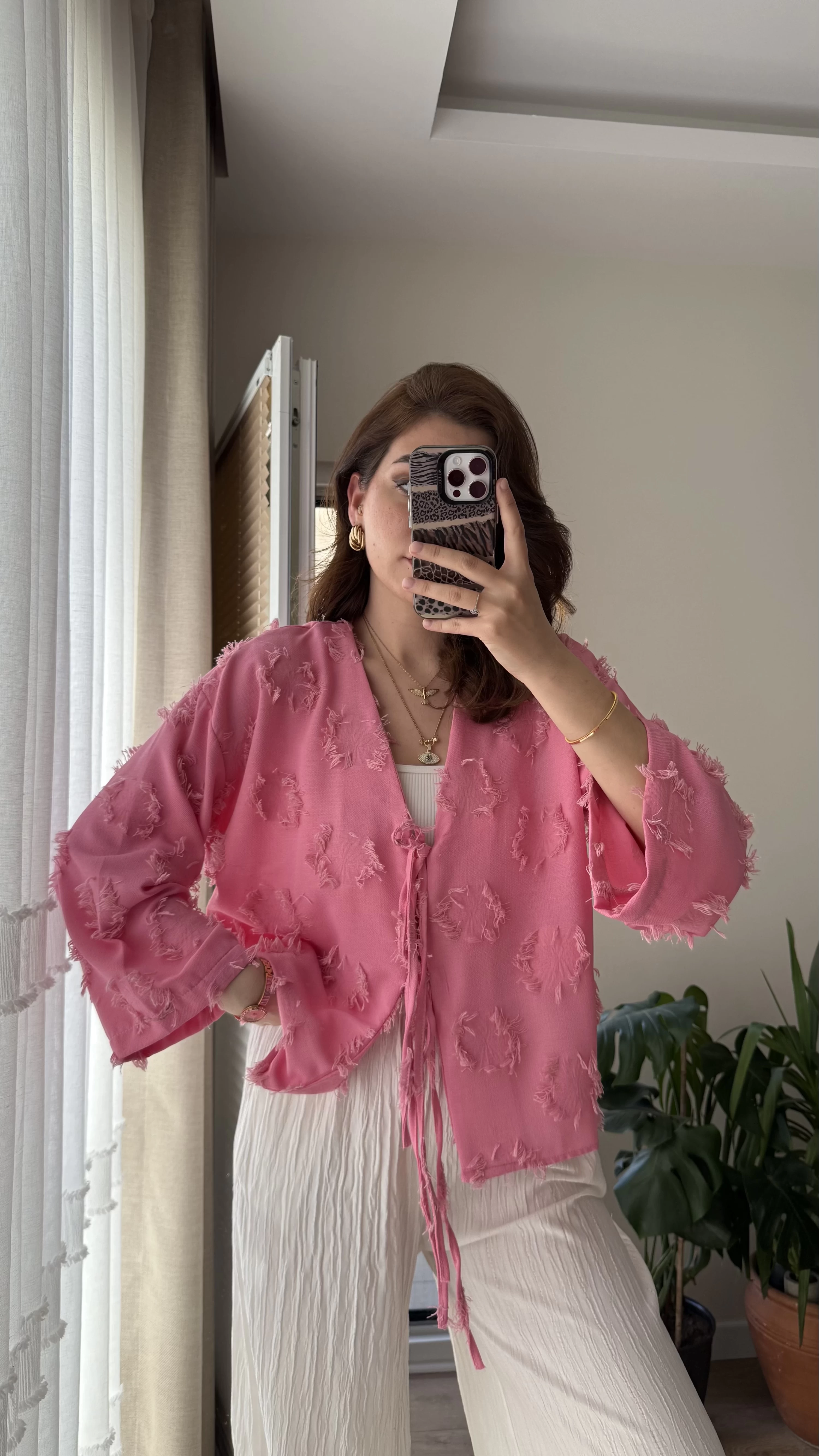 Püskül Detay Bağlamalı Gömlek Pembe