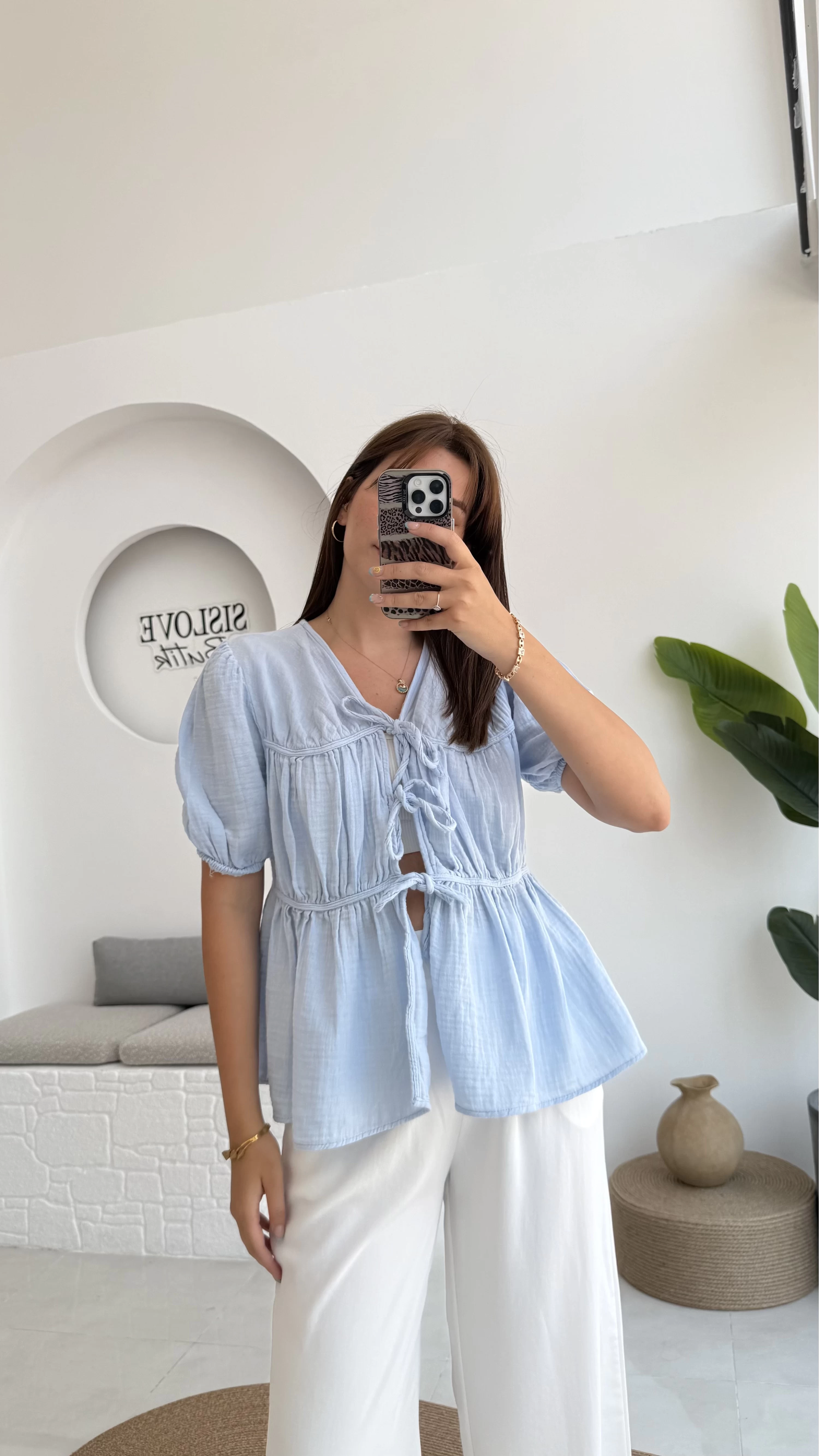 Rachel Bağlamalı Bluz Müslin Kumaş Bebe Mavisi