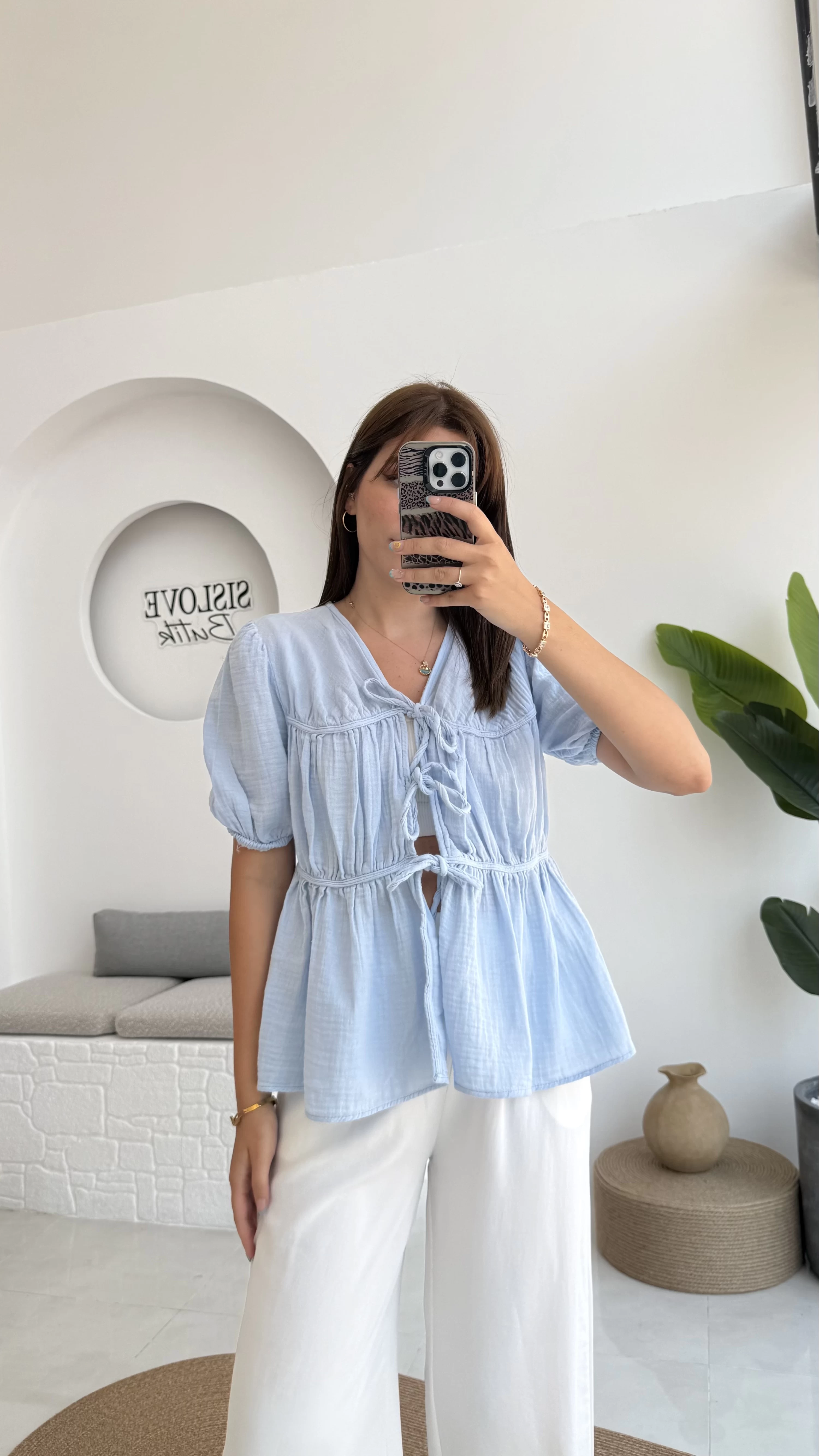 Rachel Bağlamalı Bluz Müslin Kumaş Bebe Mavisi
