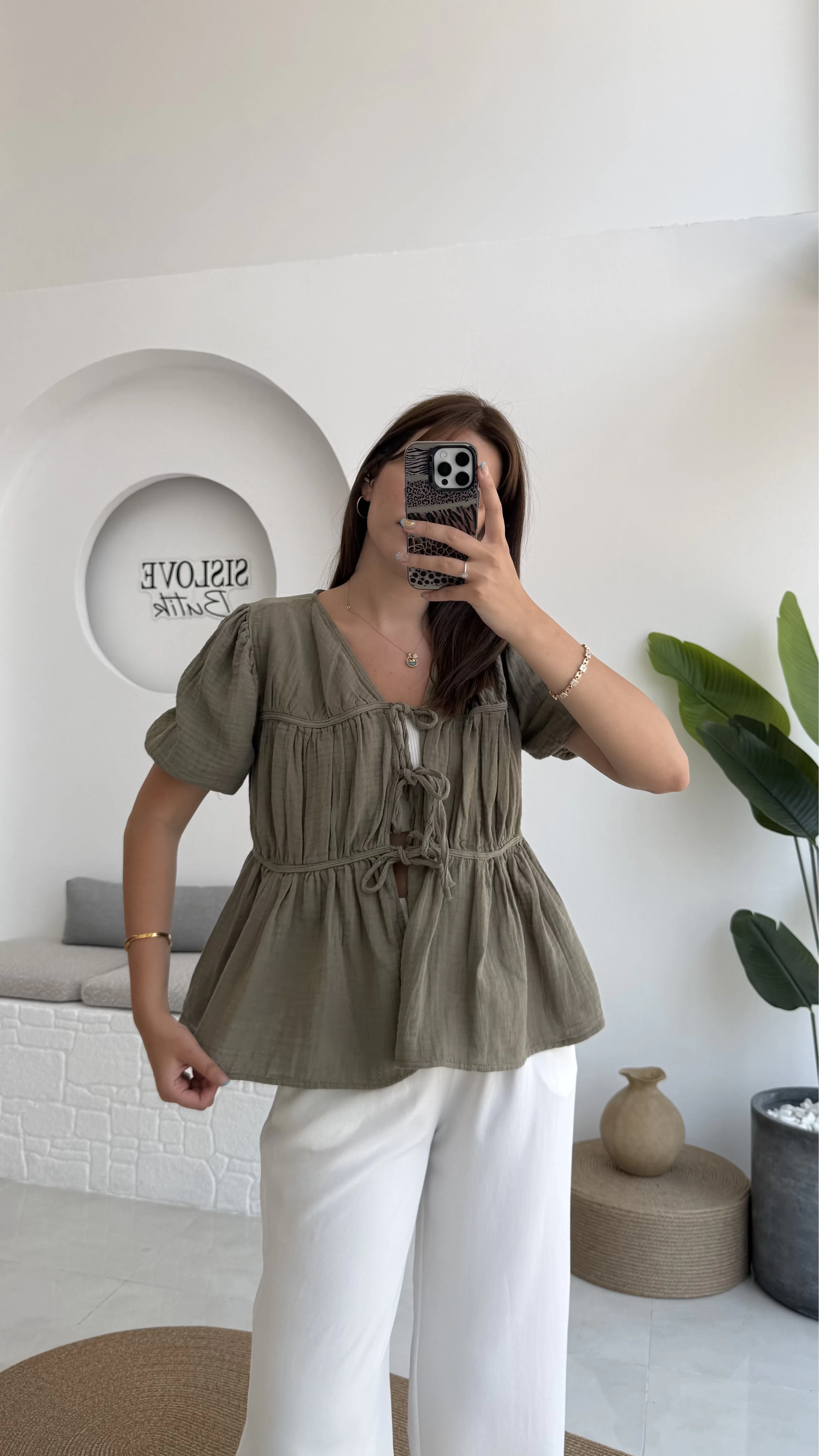 Rachel Bağlamalı Bluz Müslin Kumaş Haki
