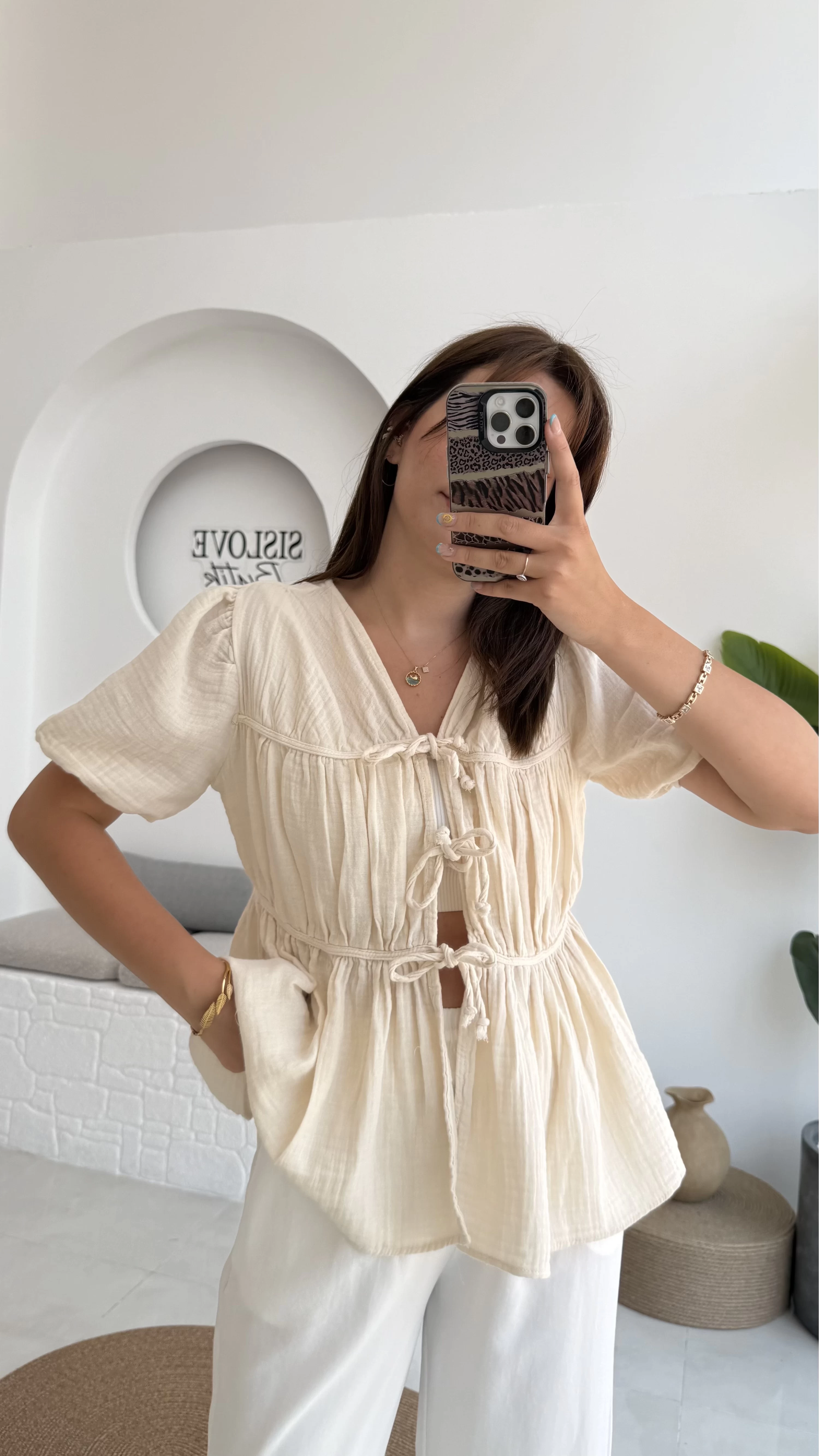 Rachel Bağlamalı Bluz Müslin Kumaş Krem
