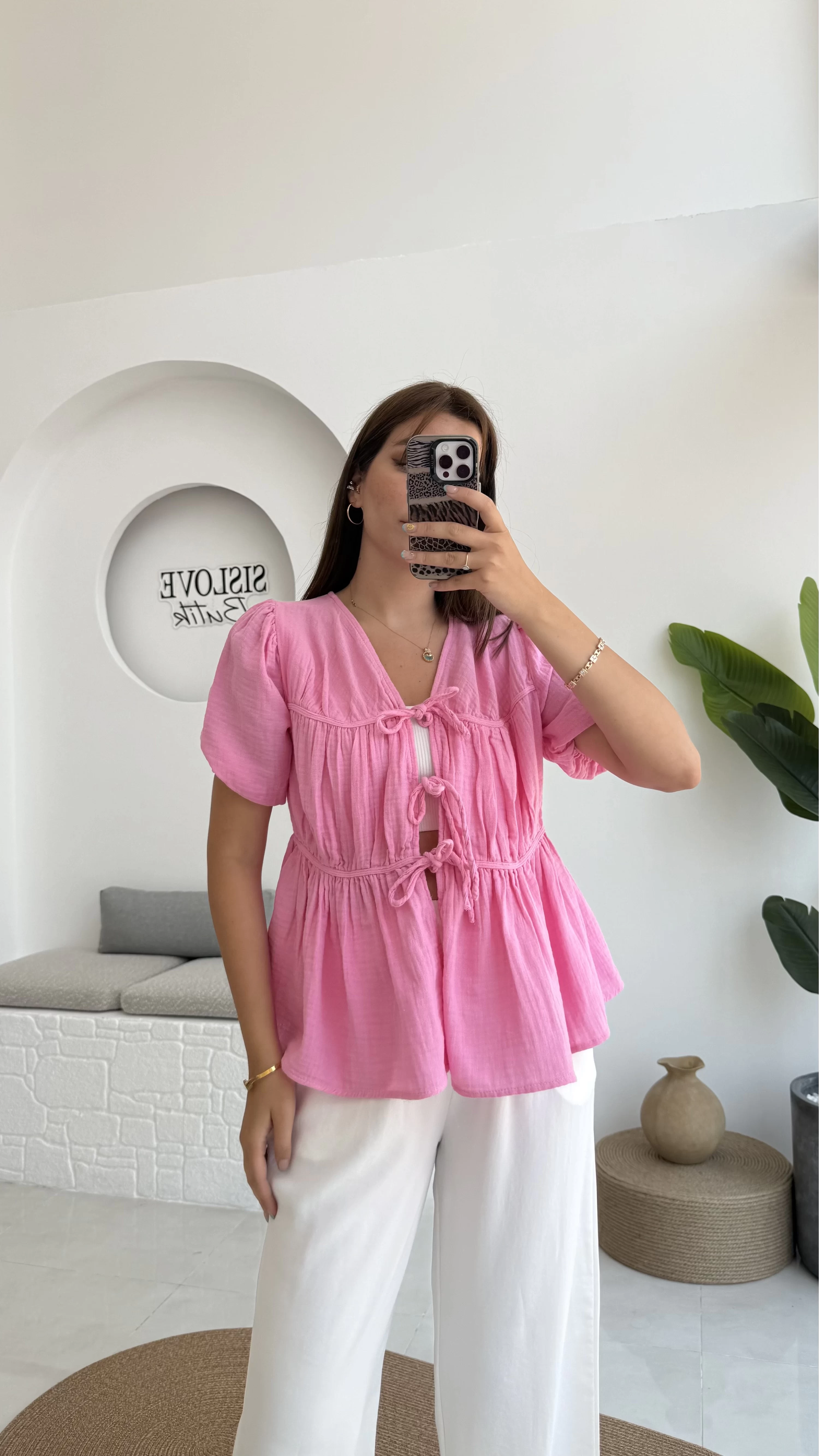 Rachel Bağlamalı Bluz Müslin Kumaş Pembe