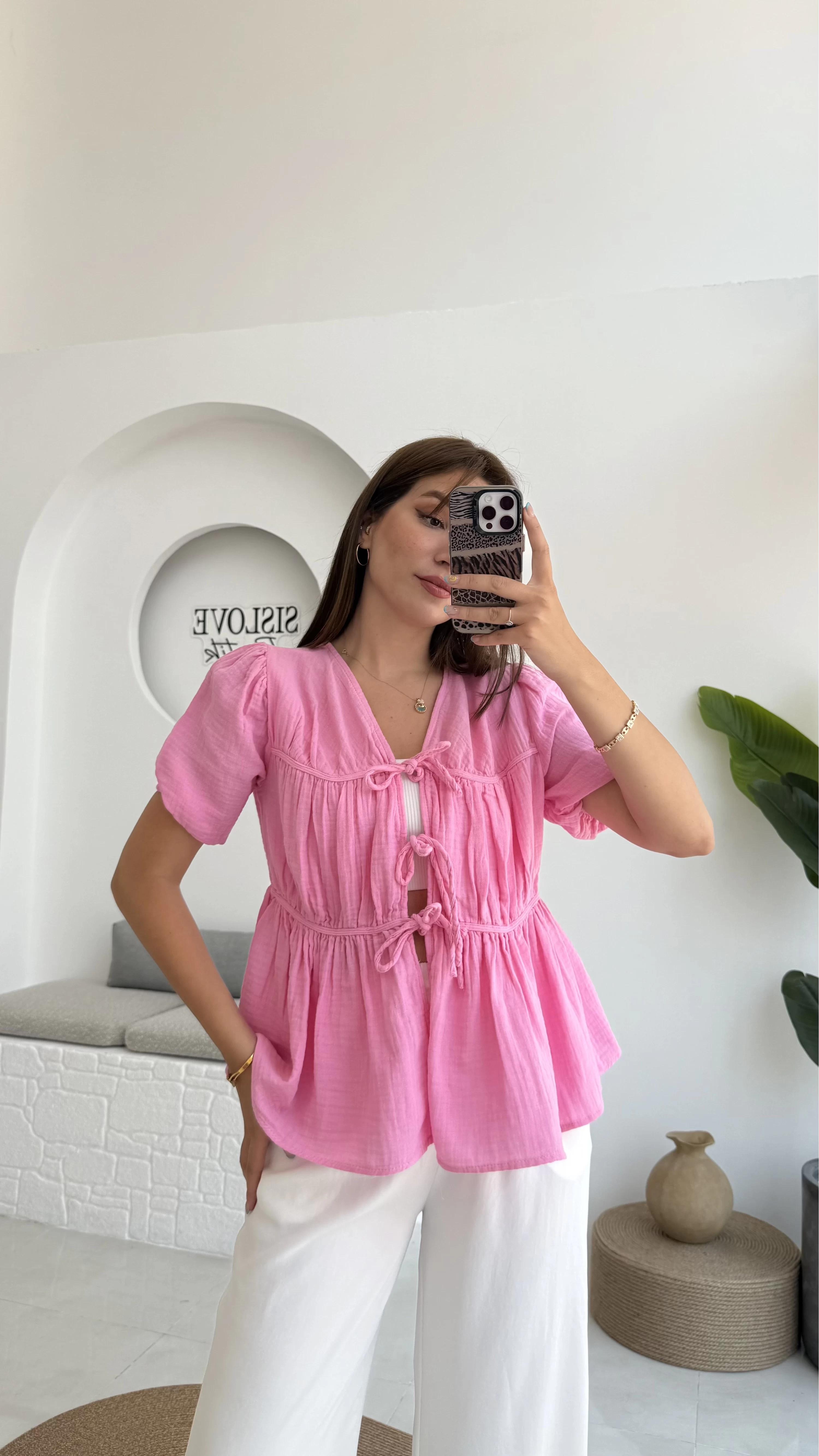 Rachel Bağlamalı Bluz Müslin Kumaş Pembe