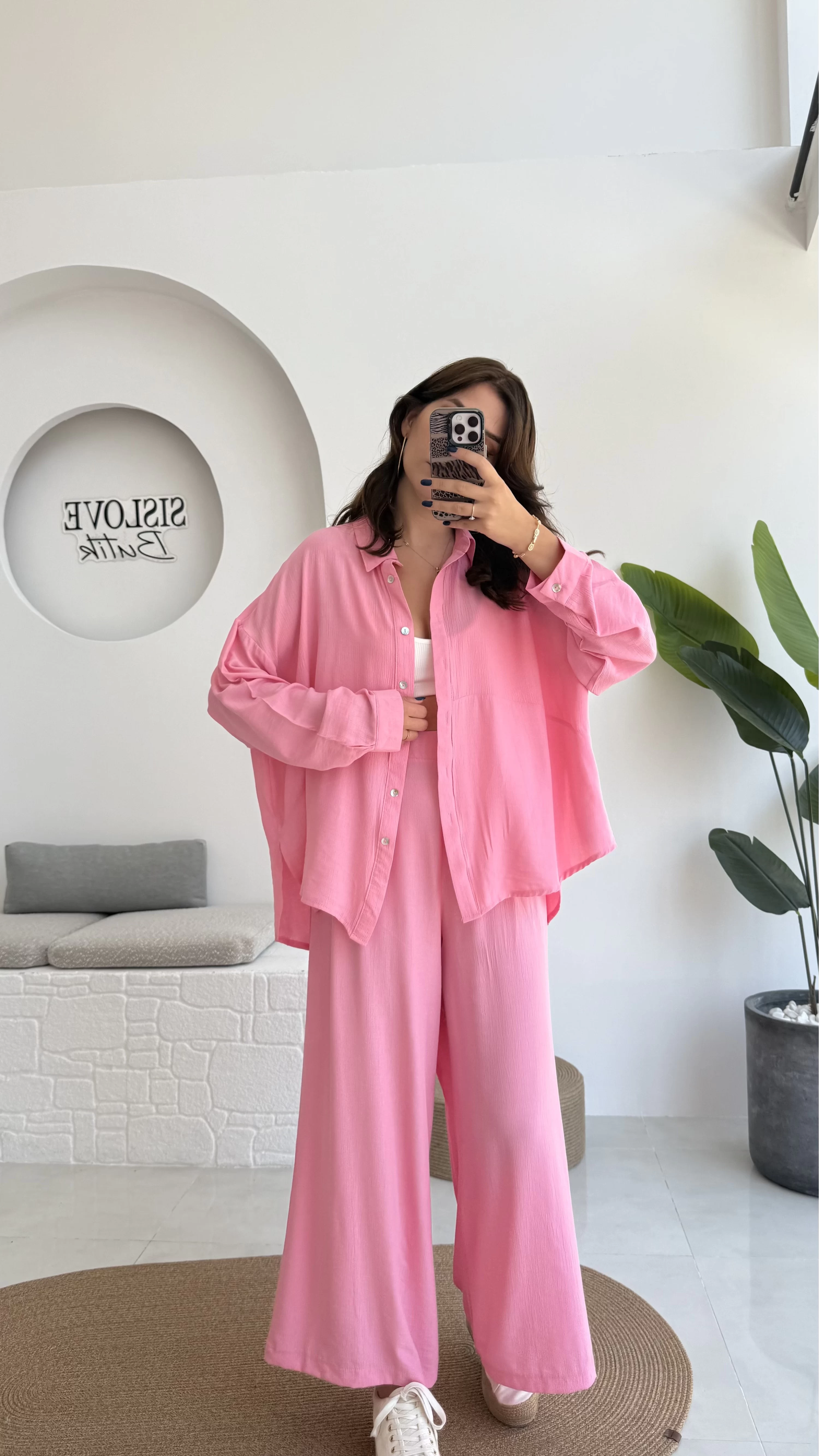 Roxy Gofre Gömlek Pantolon Takım - Pembe - 8008
