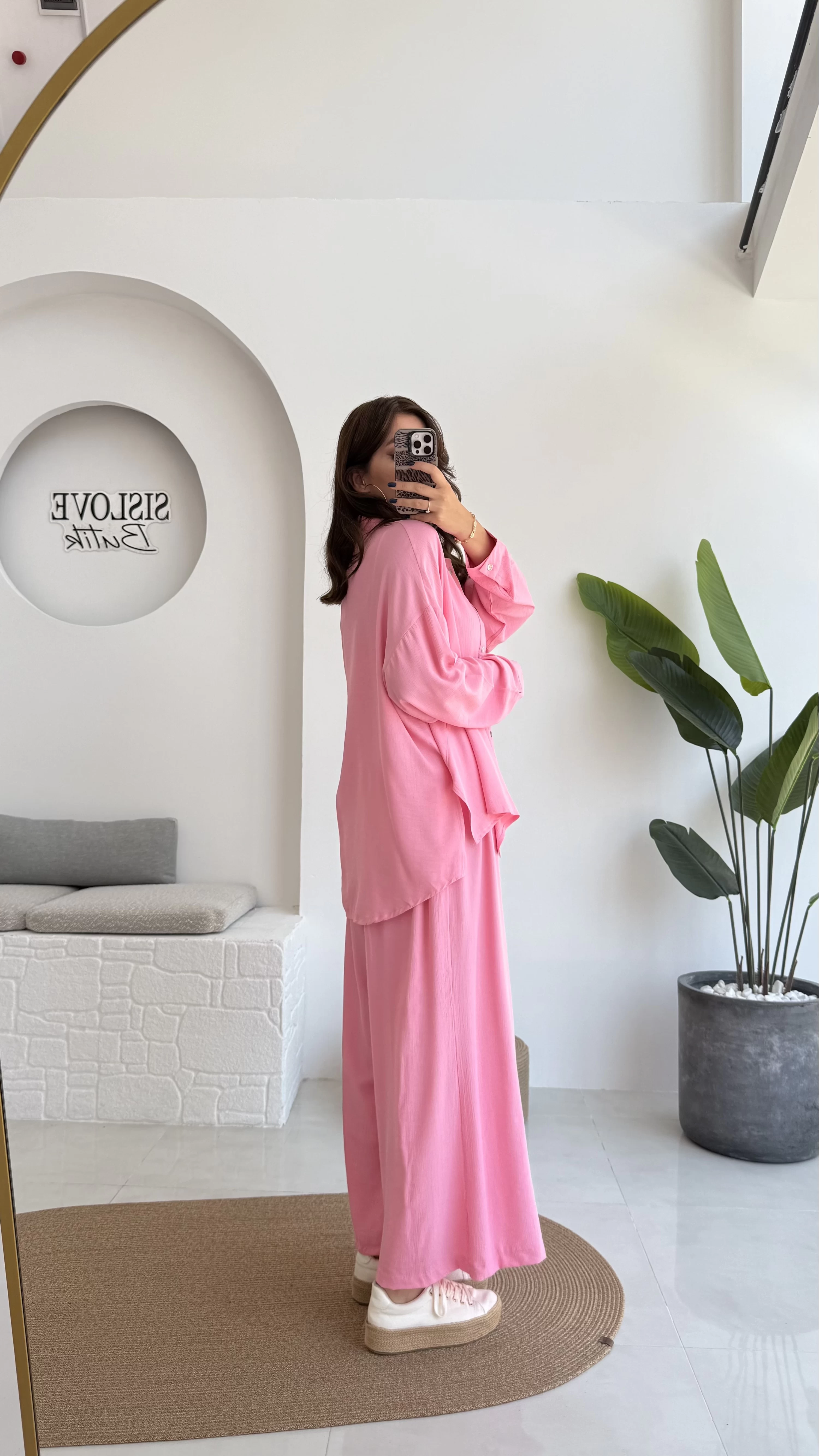 Roxy Gofre Gömlek Pantolon Takım - Pembe - 8008