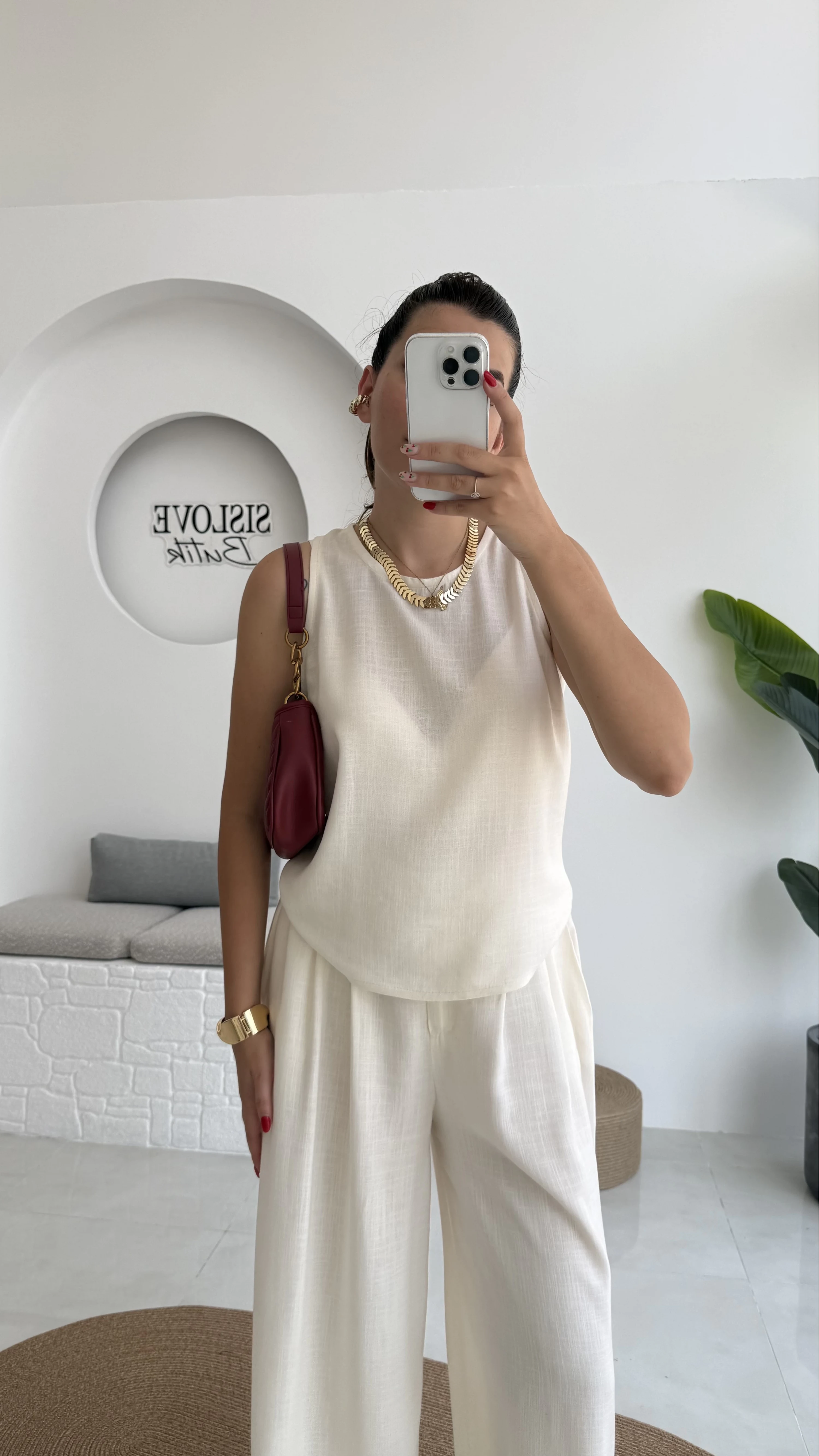 Ruby Sıfır Kol Bluz Pantolon Takım - Ekru - 7143