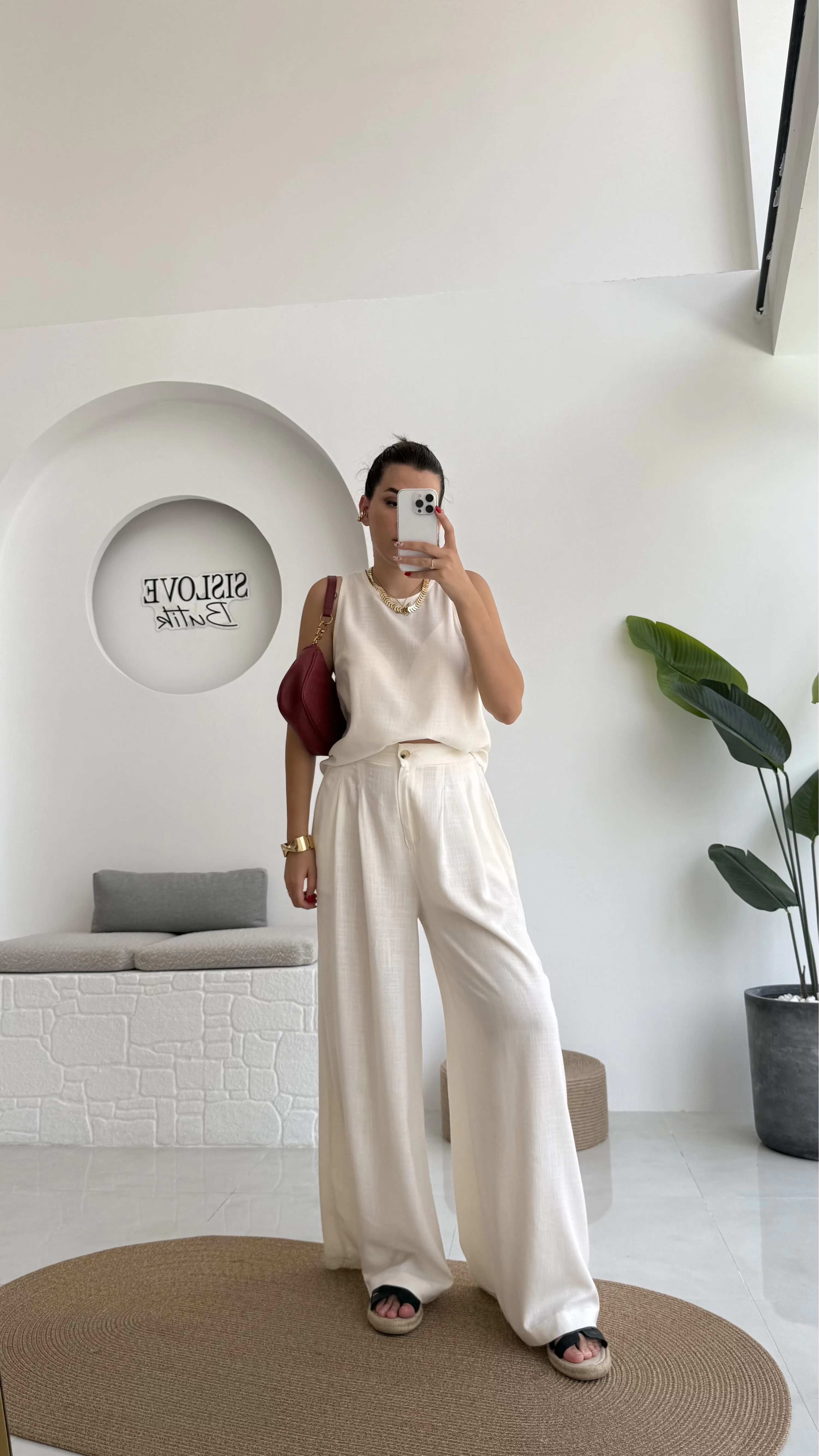 Ruby Sıfır Kol Bluz Pantolon Takım - Ekru - 7143