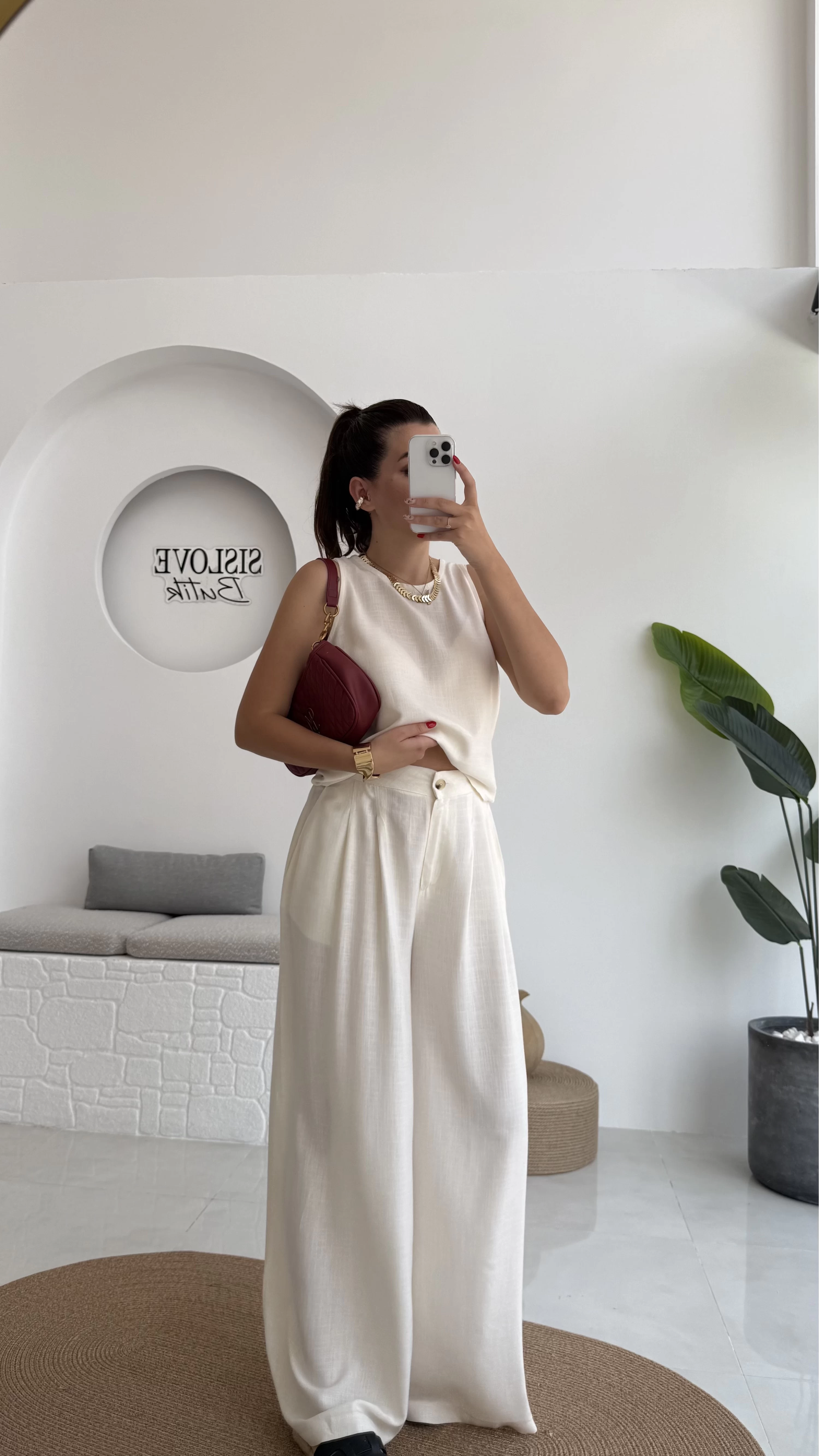 Ruby Sıfır Kol Bluz Pantolon Takım - Ekru - 7143