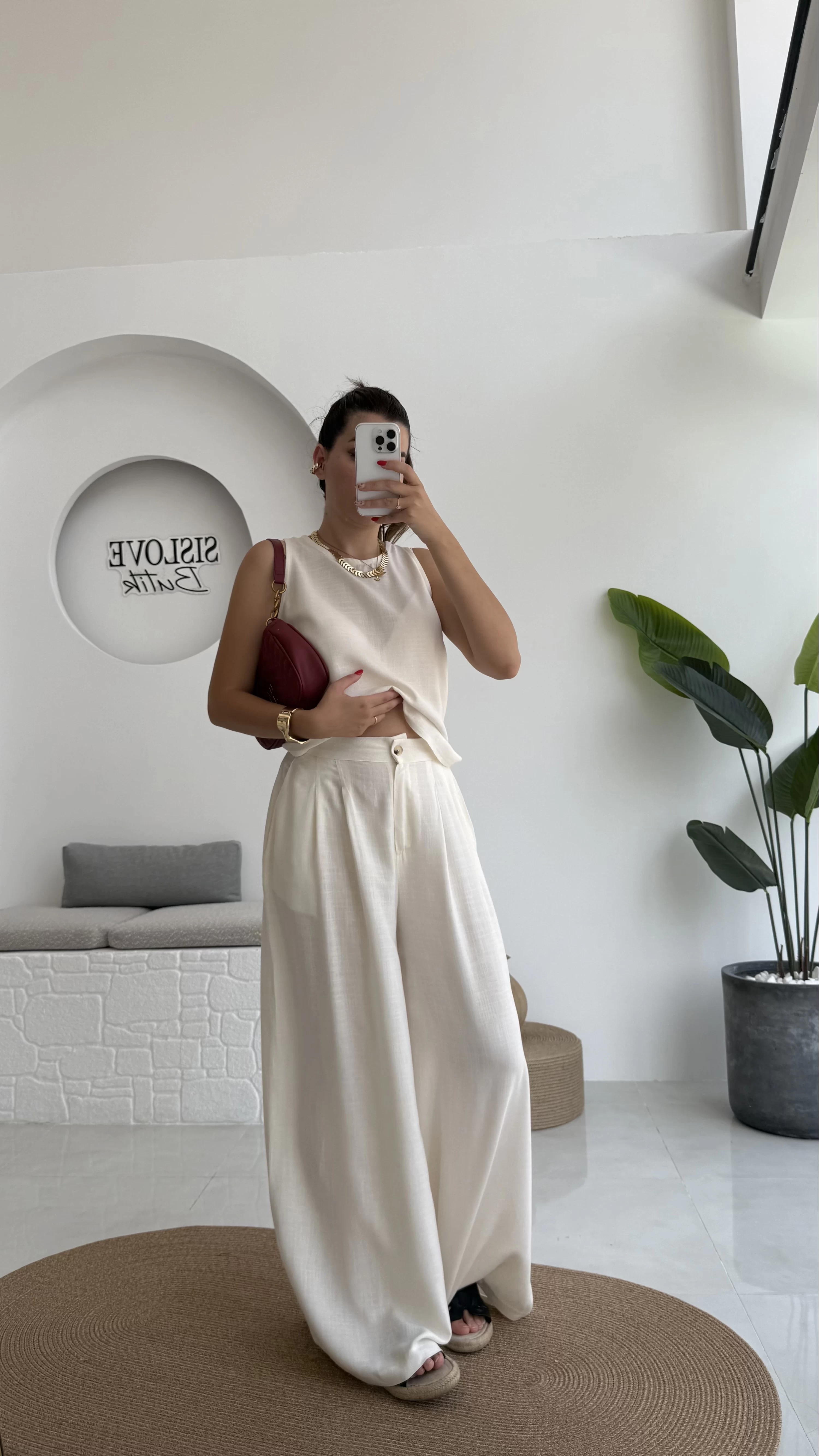 Ruby Sıfır Kol Bluz Pantolon Takım - Ekru - 7143