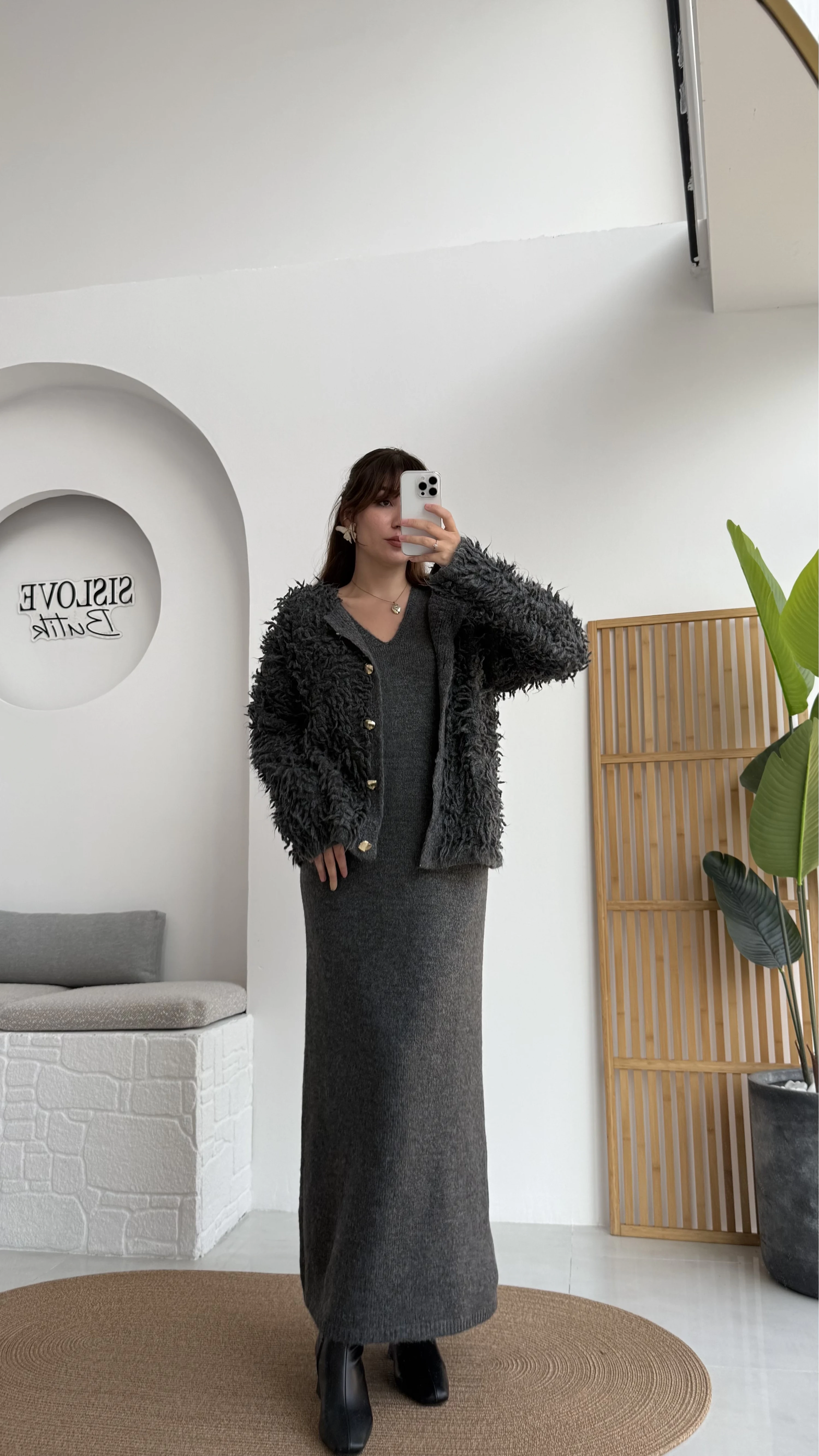 Saçaklı Hırka Elbise Takım - Antrasit - Kod: 9062-9063