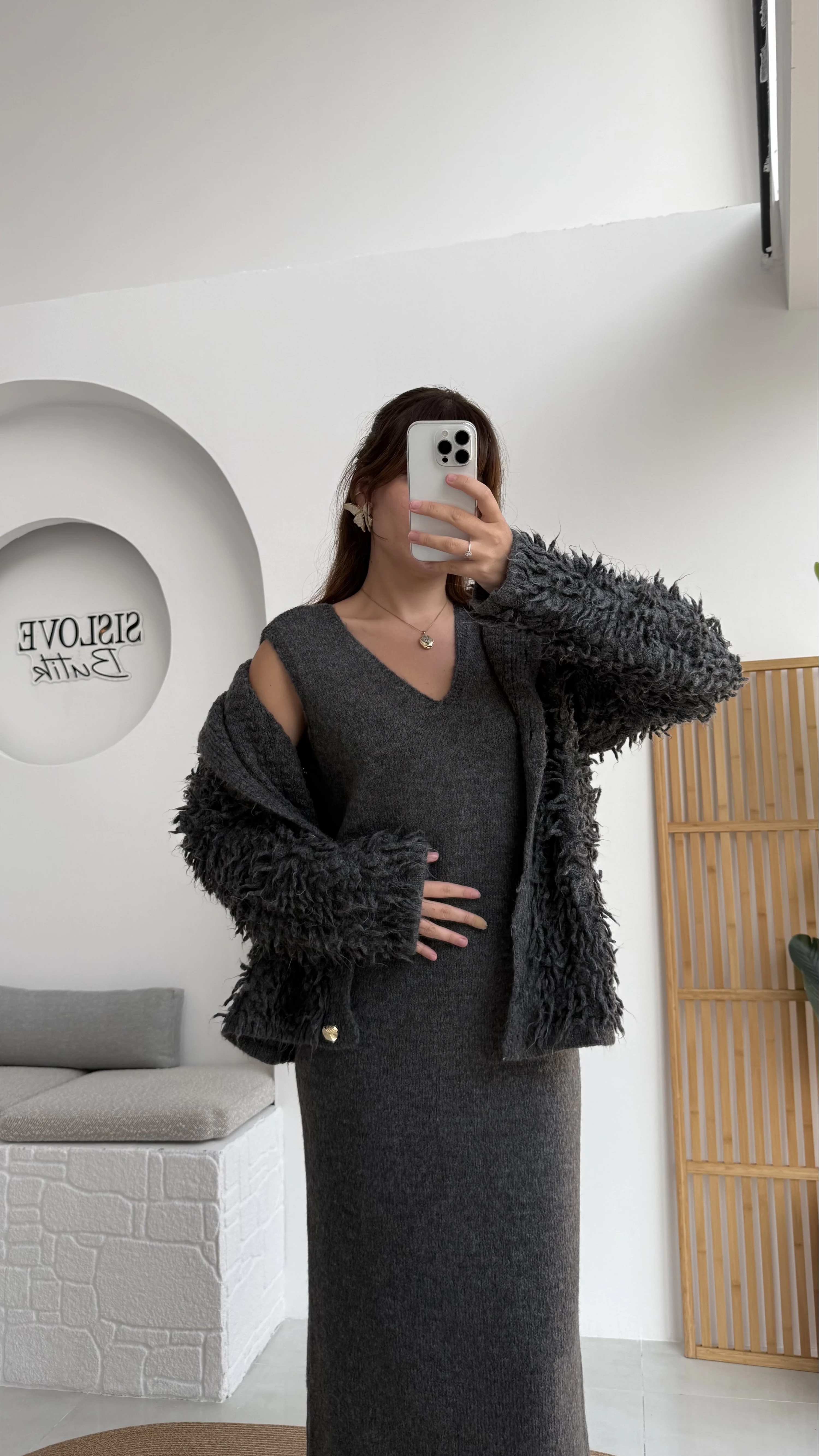 Saçaklı Hırka Elbise Takım - Antrasit - Kod: 9062-9063