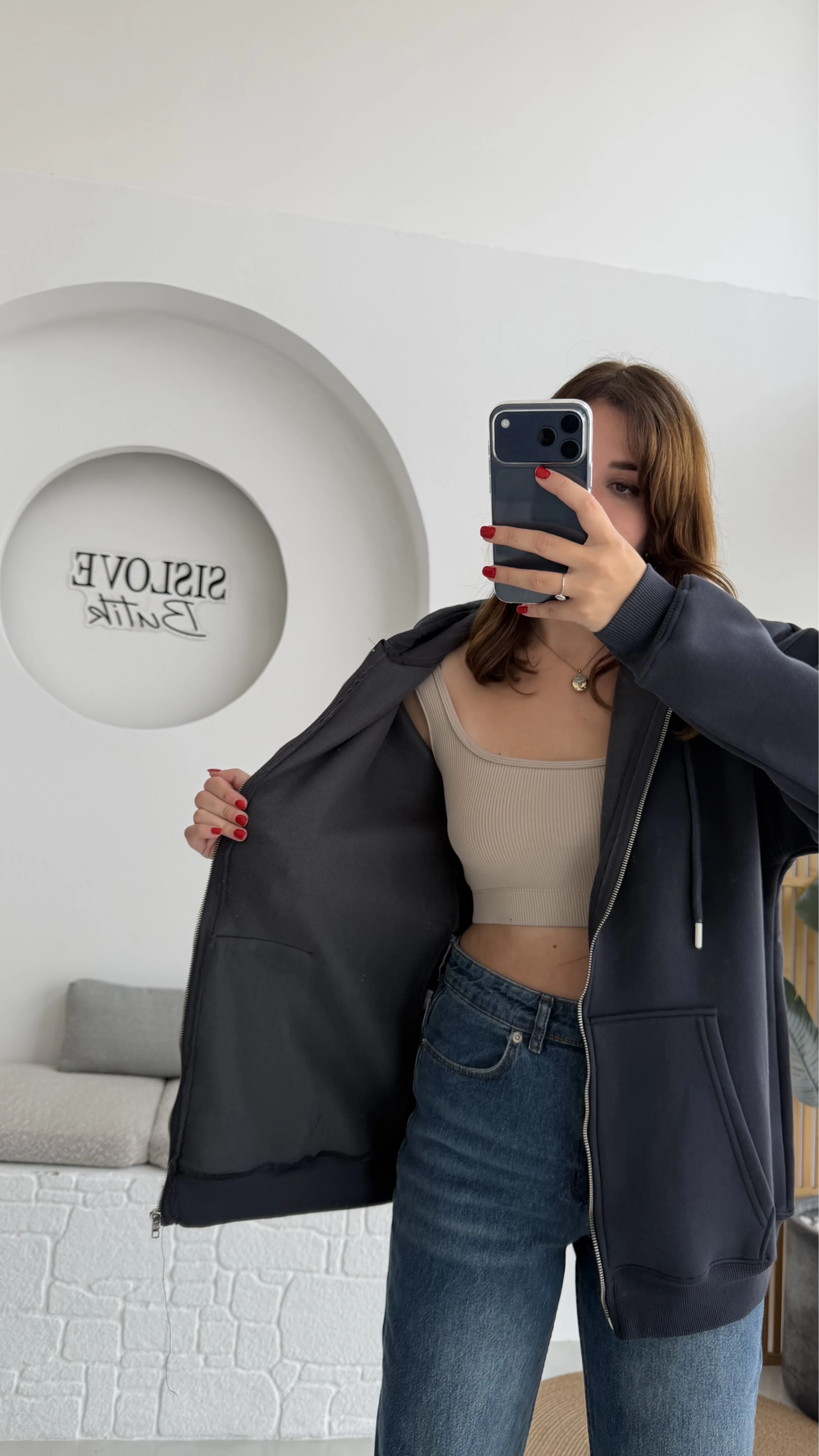 Samantha 3 İplik Fermuarlı Kapşonlu Hırka - Antrasit - Kod: 2992