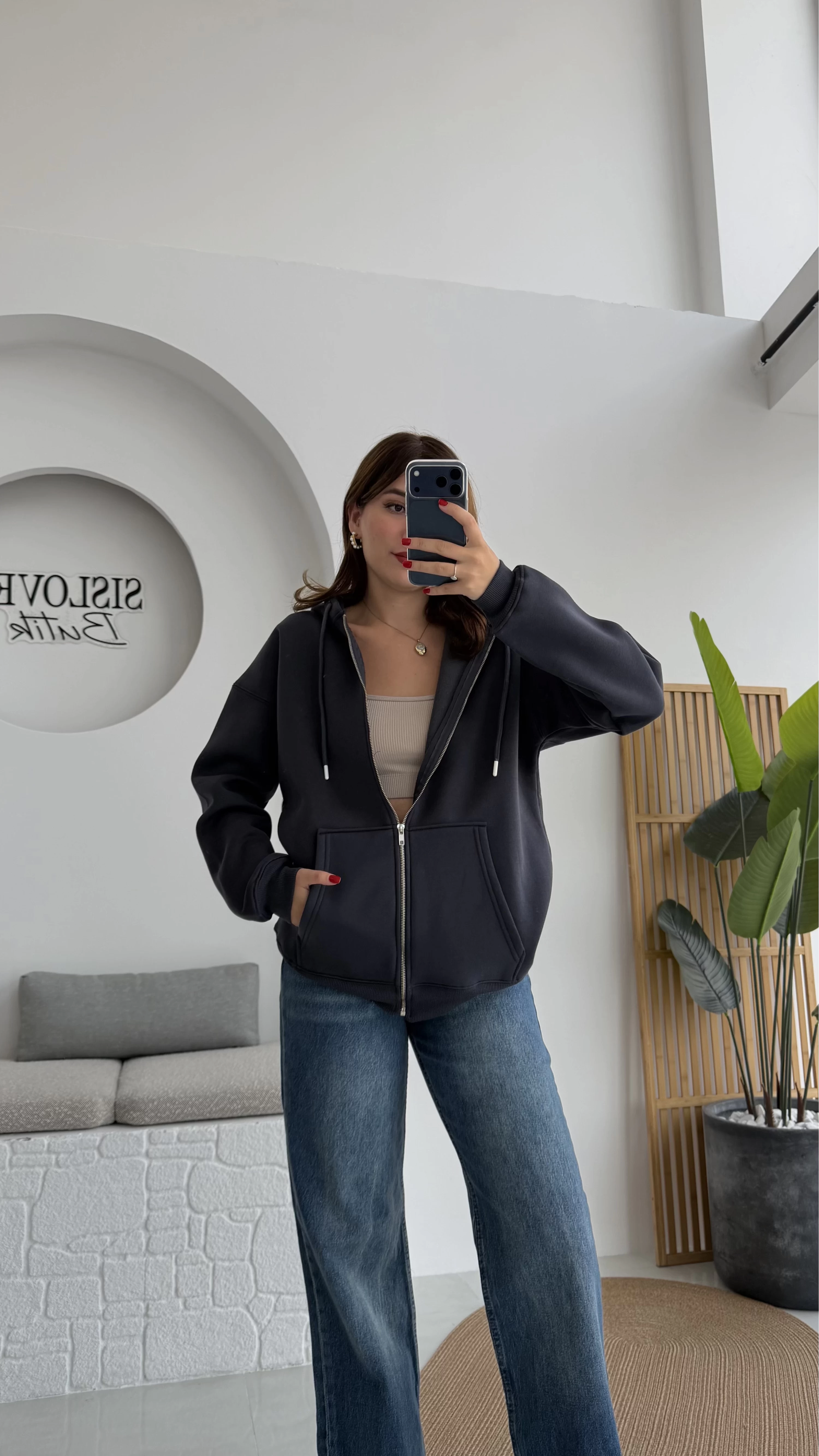 Samantha 3 İplik Fermuarlı Kapşonlu Hırka - Antrasit - Kod: 2992
