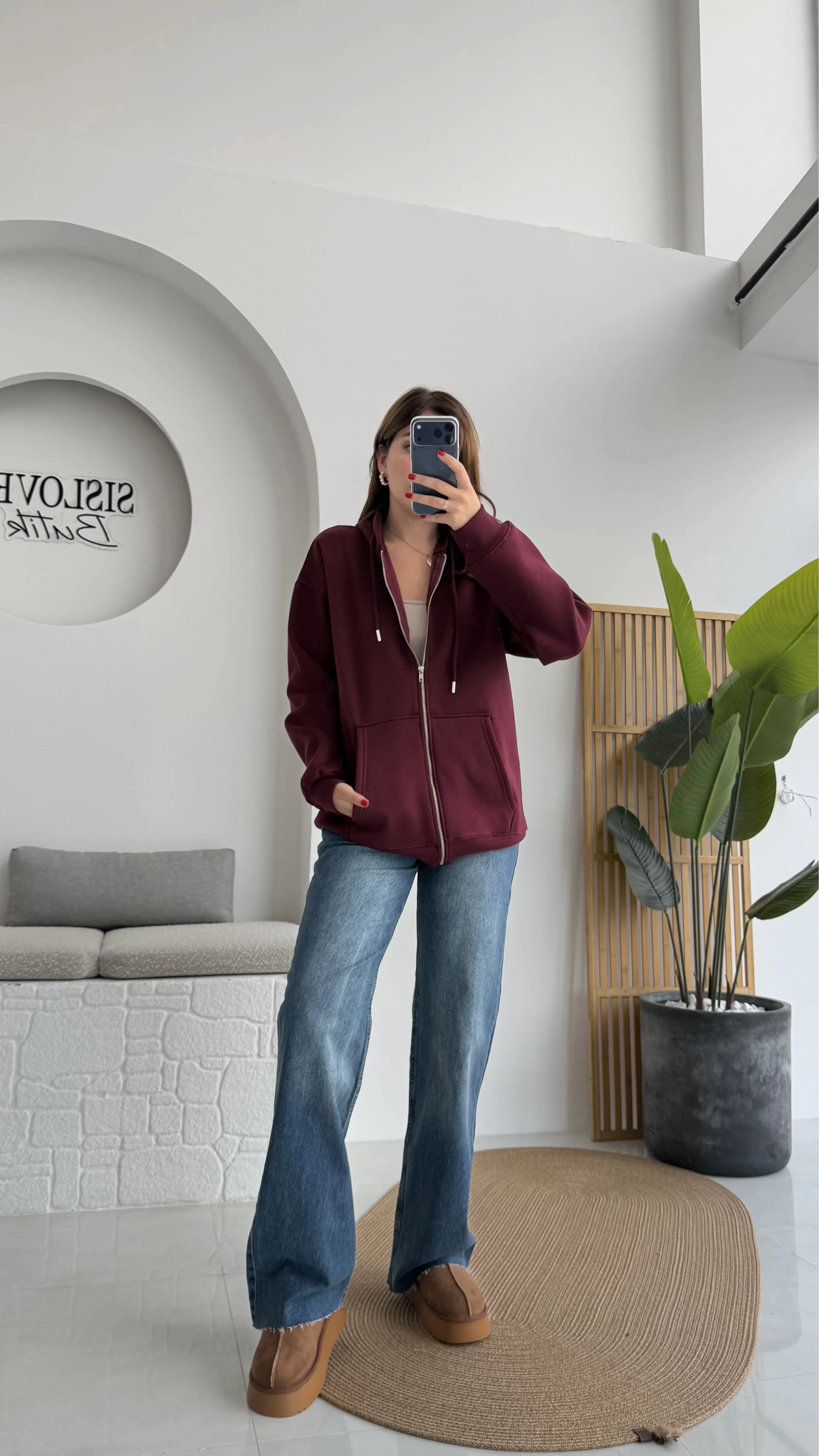 Samantha 3 İplik Fermuarlı Kapşonlu Hırka - Bordo- Kod: 2992