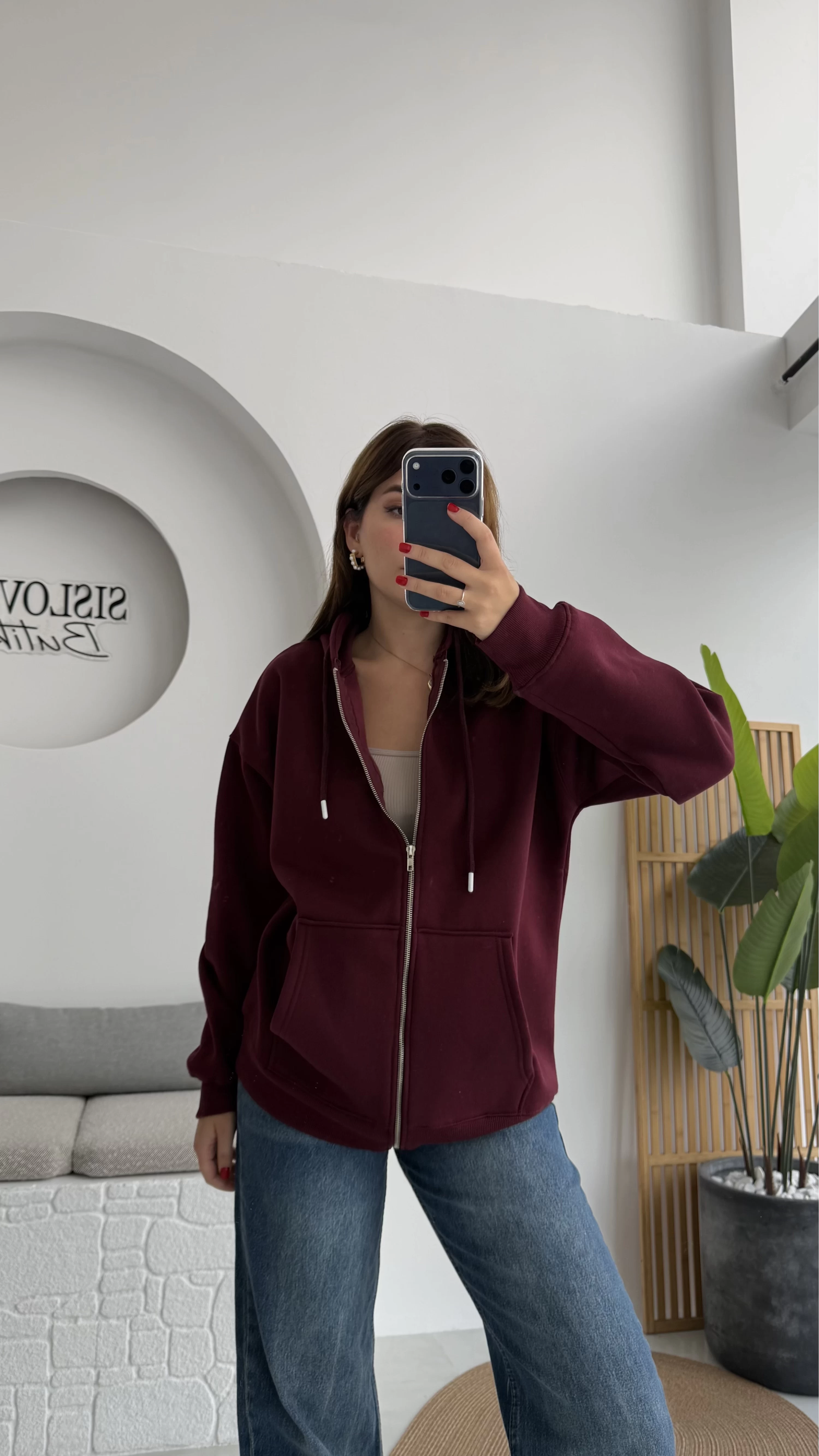 Samantha 3 İplik Fermuarlı Kapşonlu Hırka - Bordo- Kod: 2992