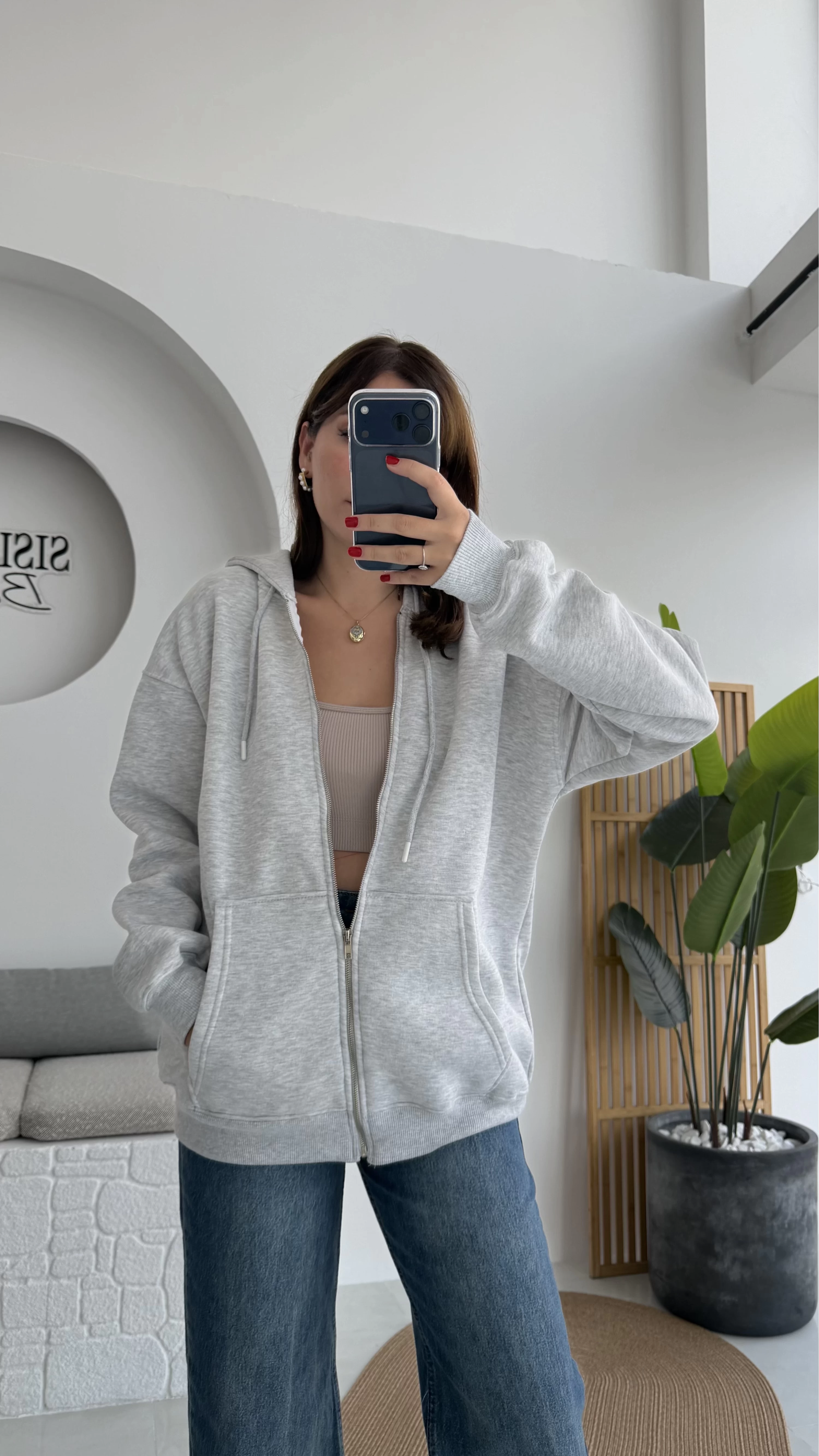 Samantha 3 İplik Fermuarlı Kapşonlu Hırka - Gri - Kod: 2992