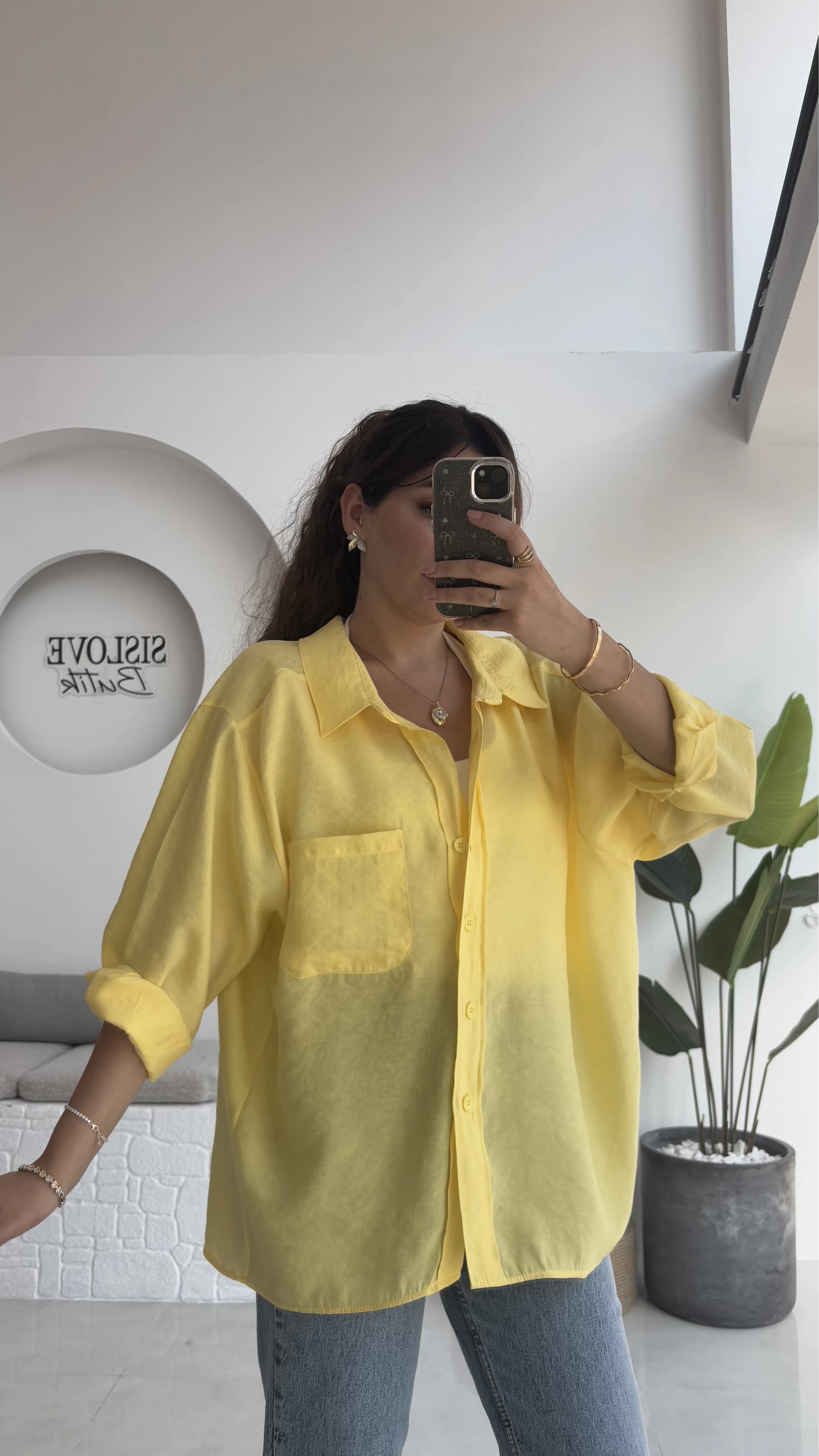 Sarı Oversize Tensel Gömlek - Kod: 4612