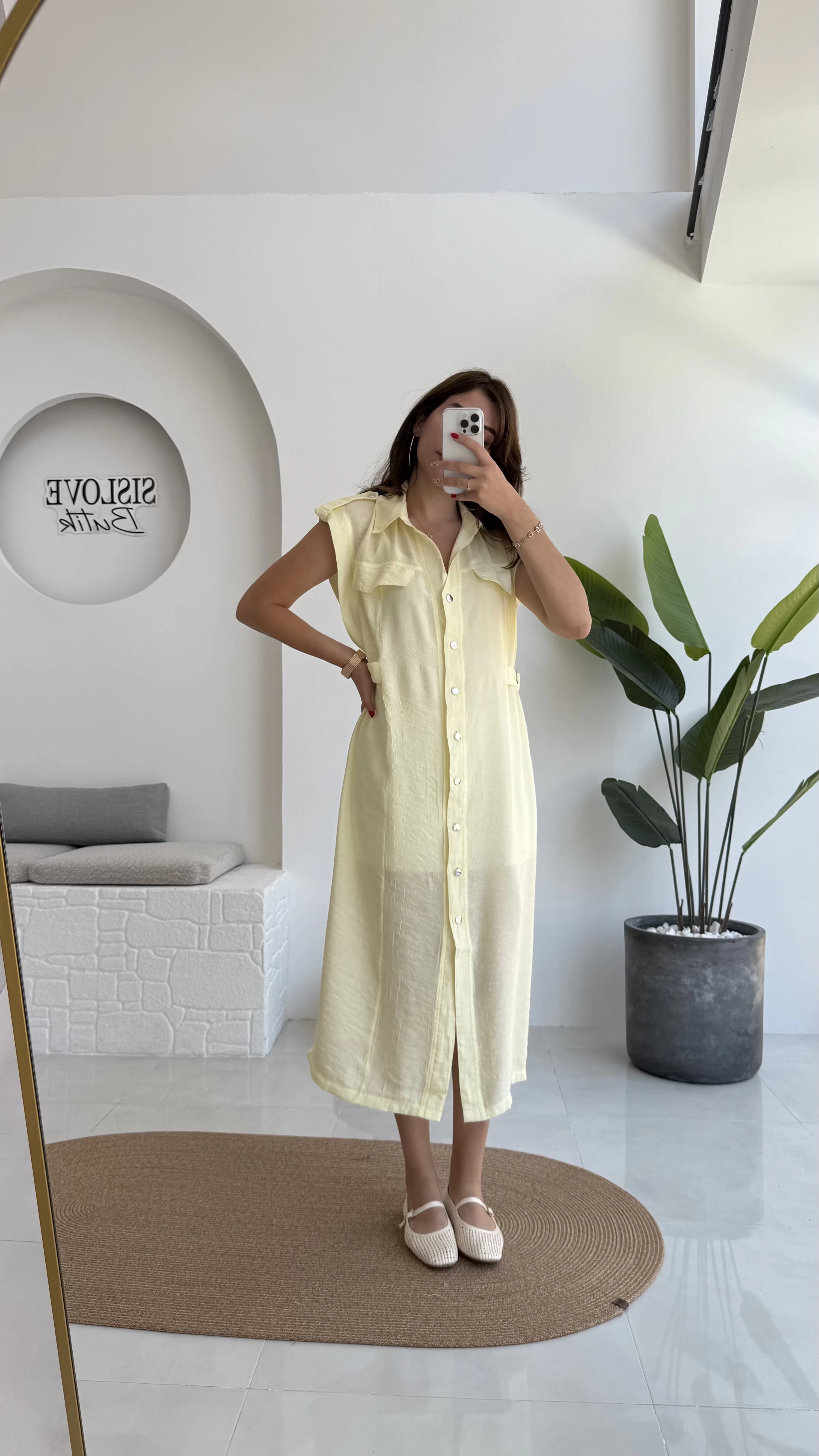 Sindy Kemer Detaylı Bürümcük Elbise - Sarı - 6012