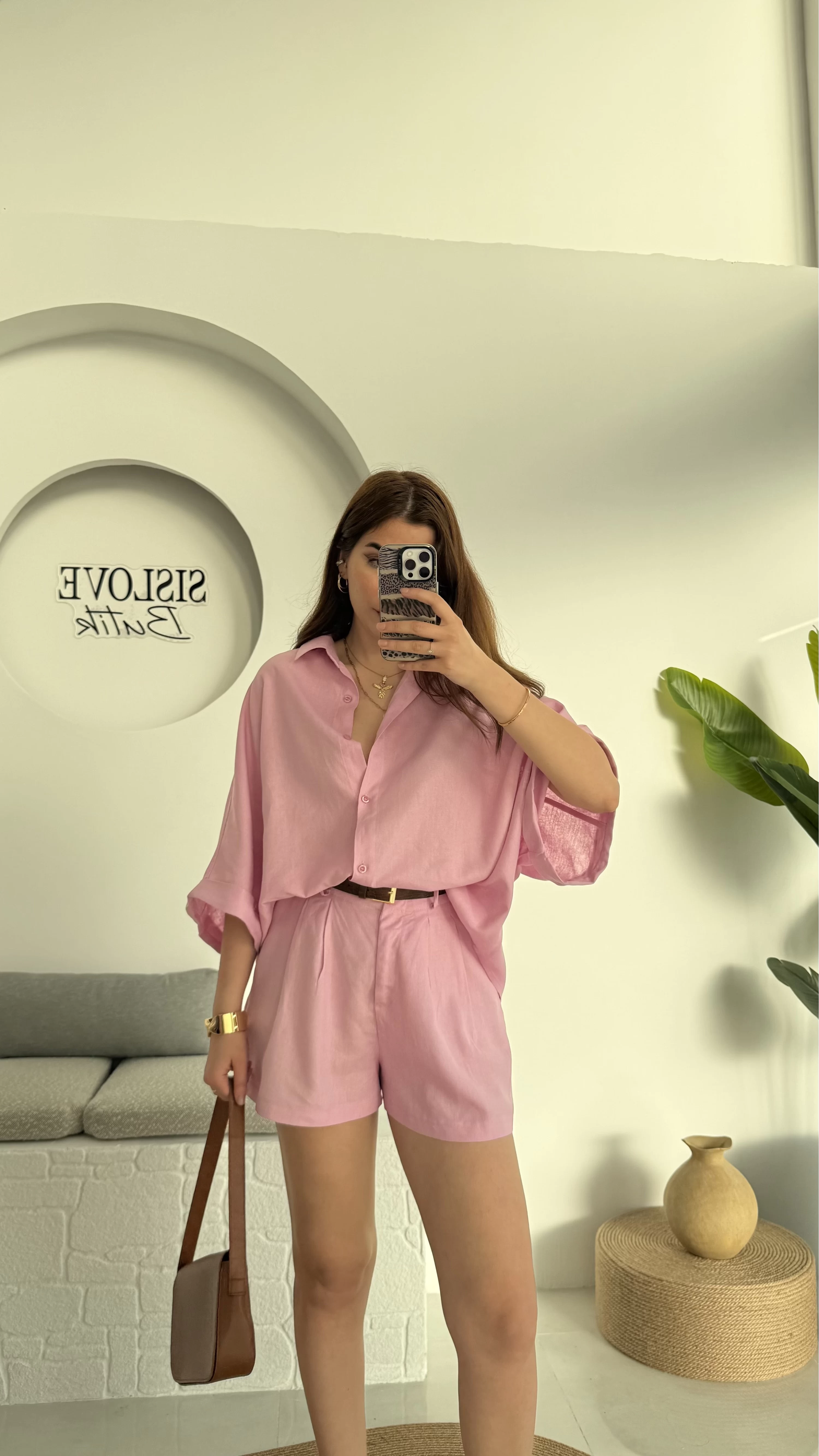 Şort Gömlek Keten Takım Pembe