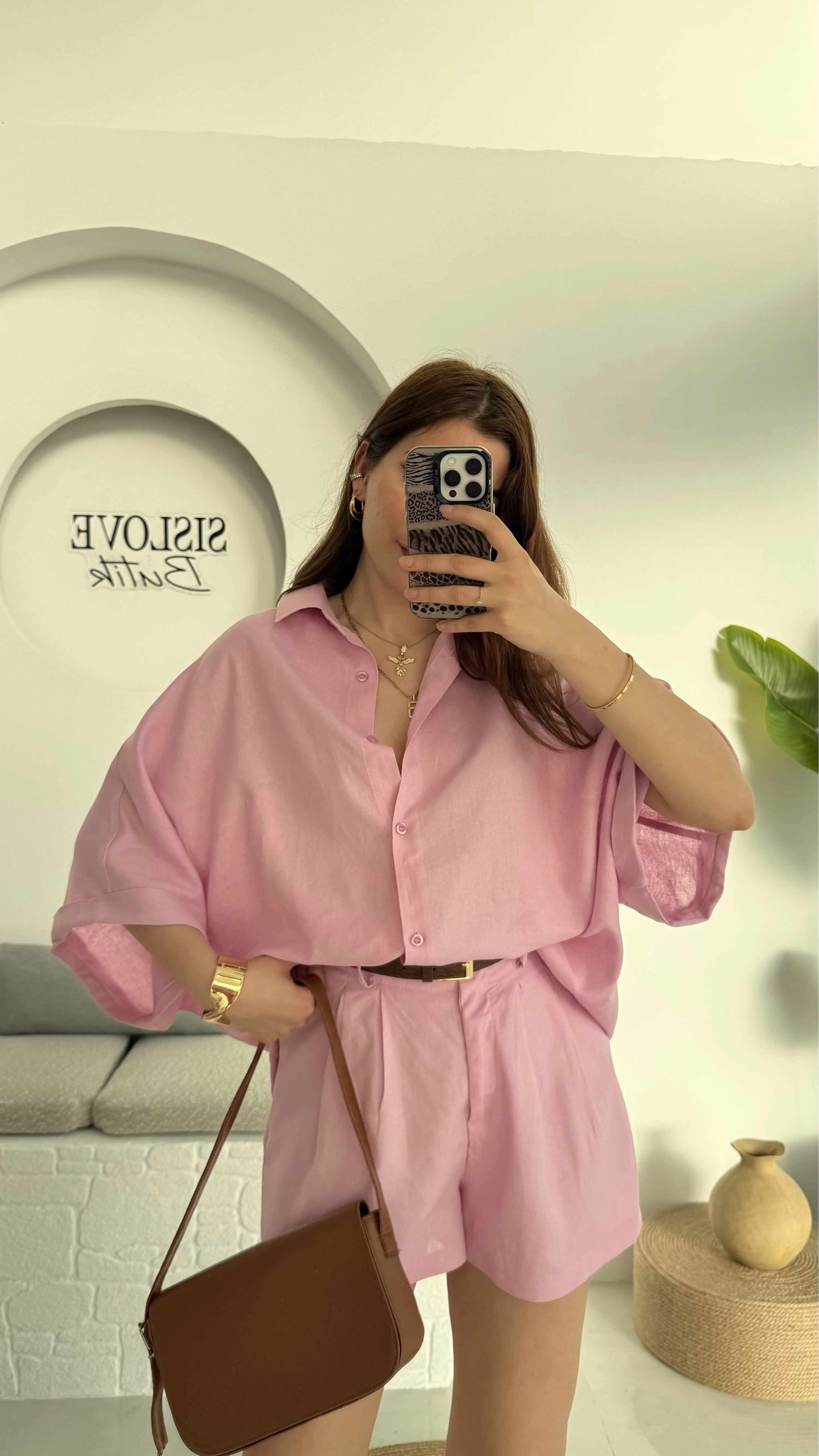 Şort Gömlek Keten Takım Pembe