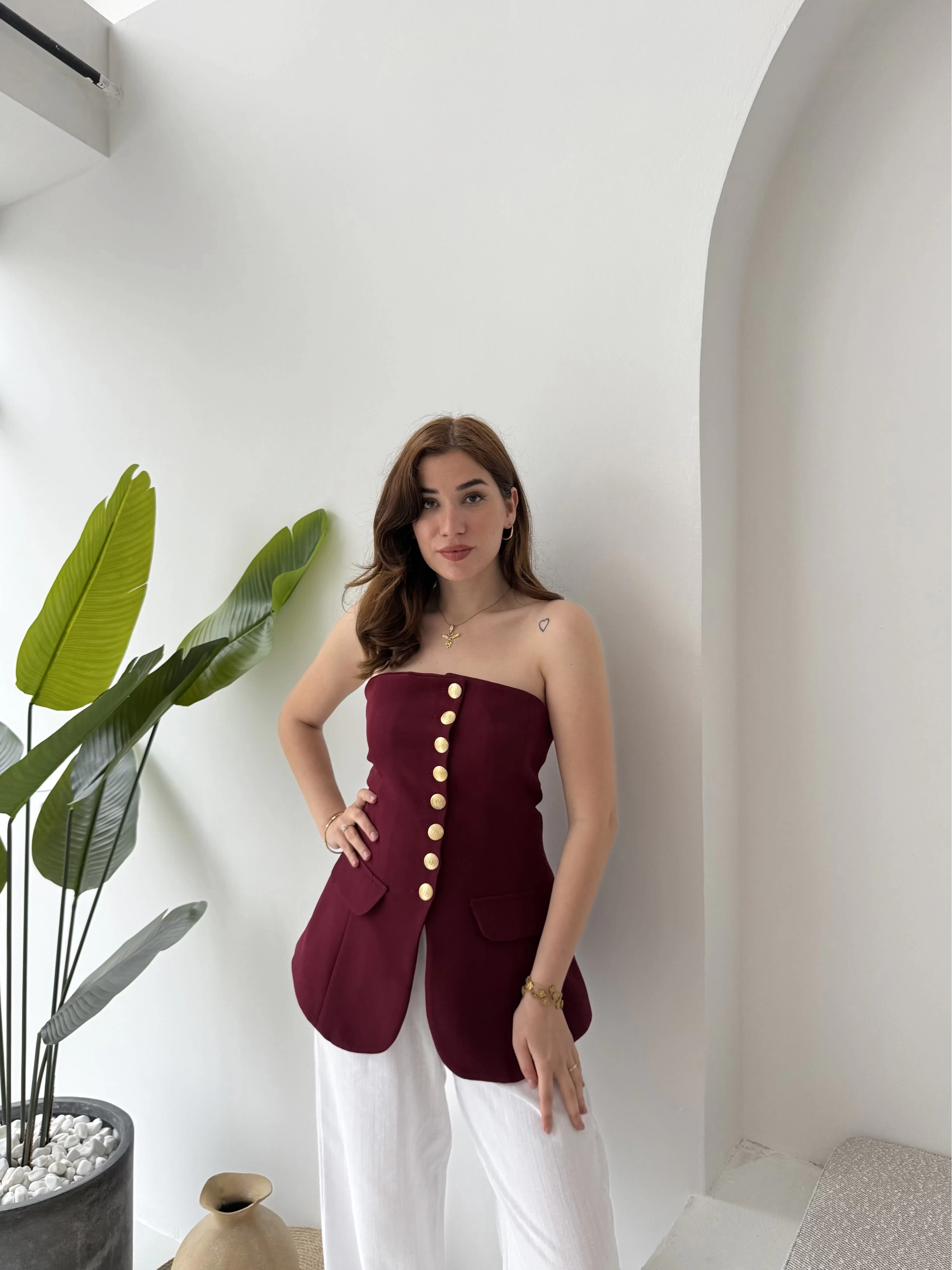 Straplez Yelek Bordo