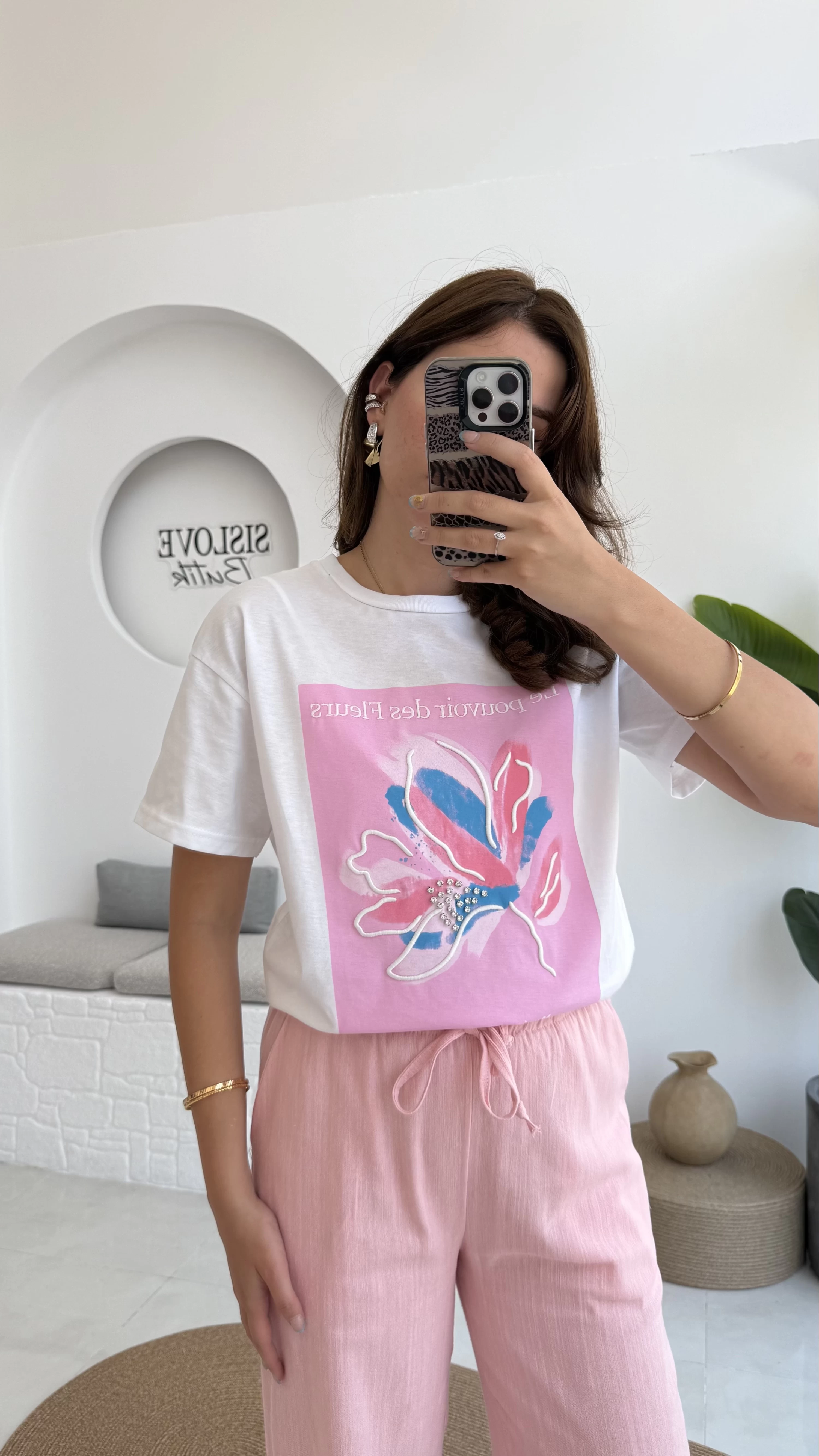 Taş İşlemeli Çiçekli T-shirt - Pembe