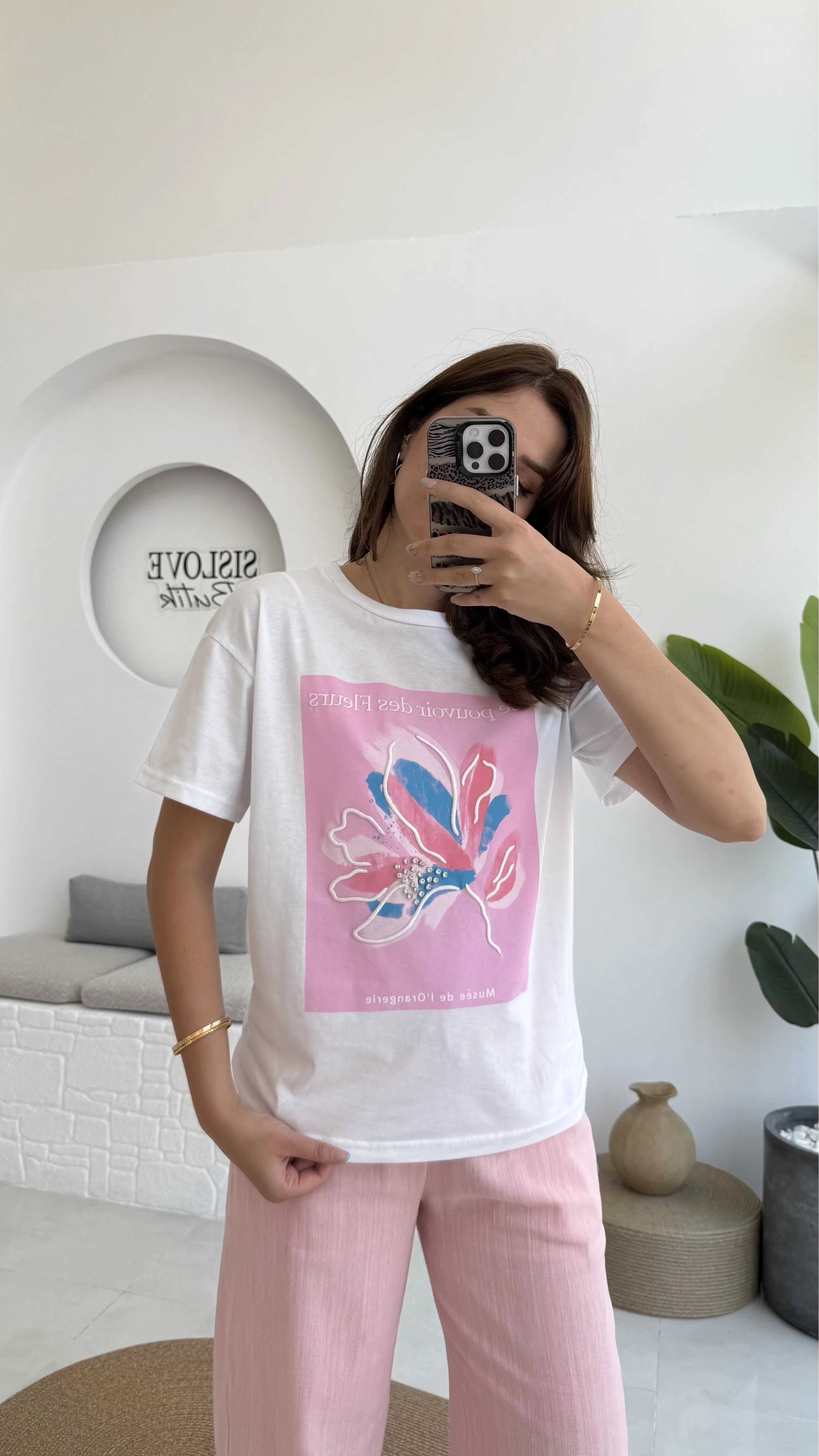 Taş İşlemeli Çiçekli T-shirt - Pembe