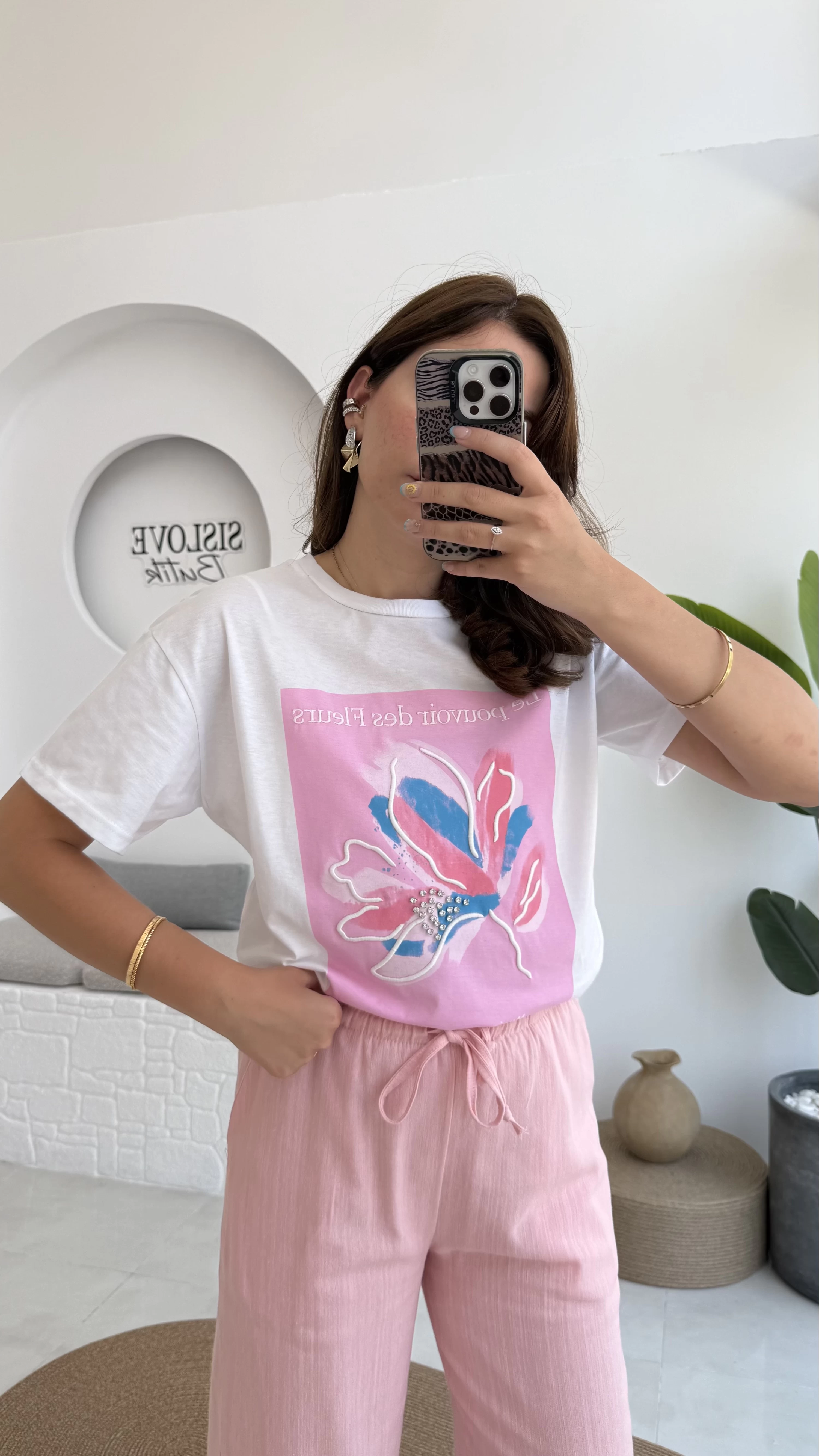 Taş İşlemeli Çiçekli T-shirt - Pembe