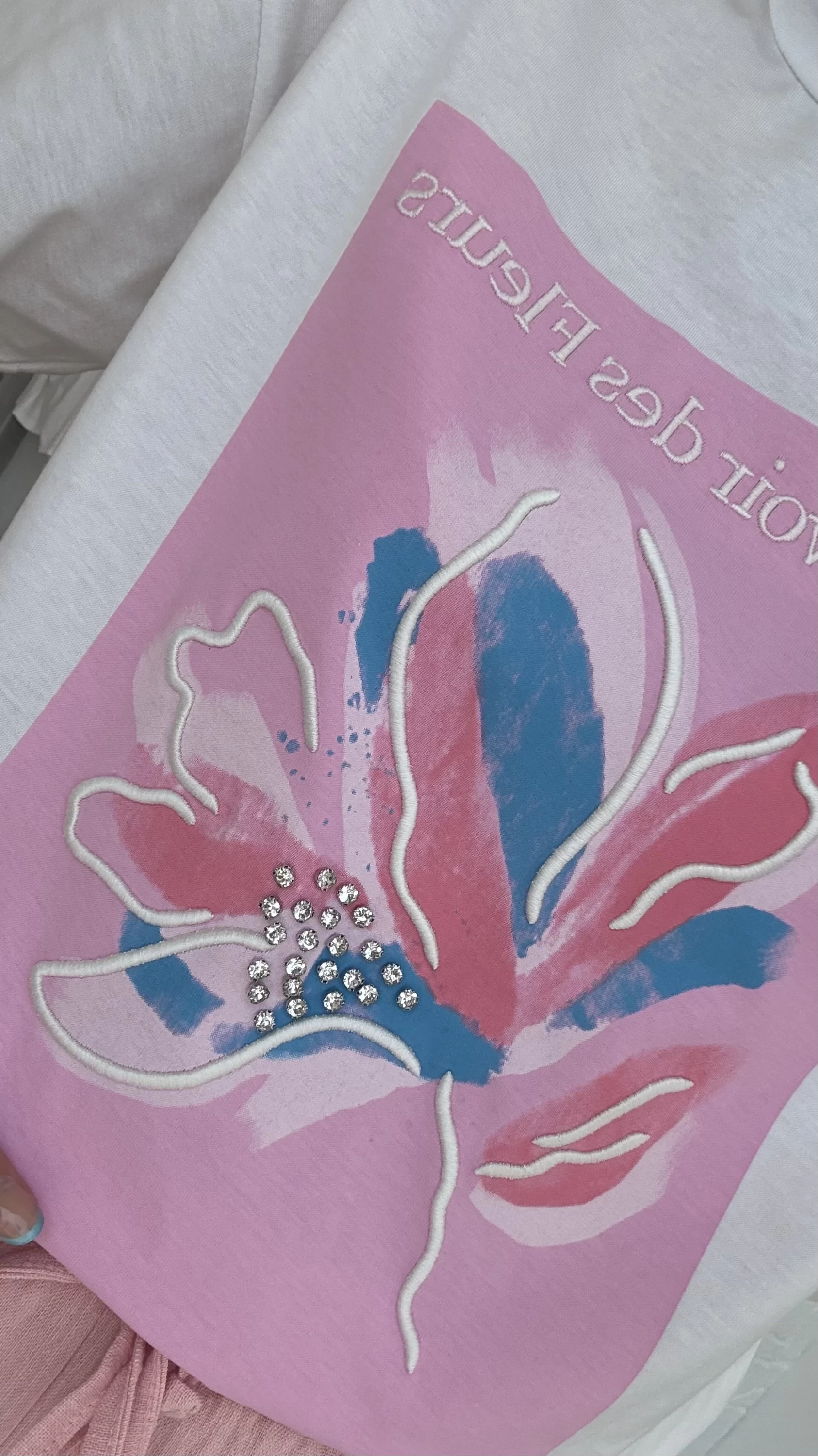 Taş İşlemeli Çiçekli T-shirt - Pembe