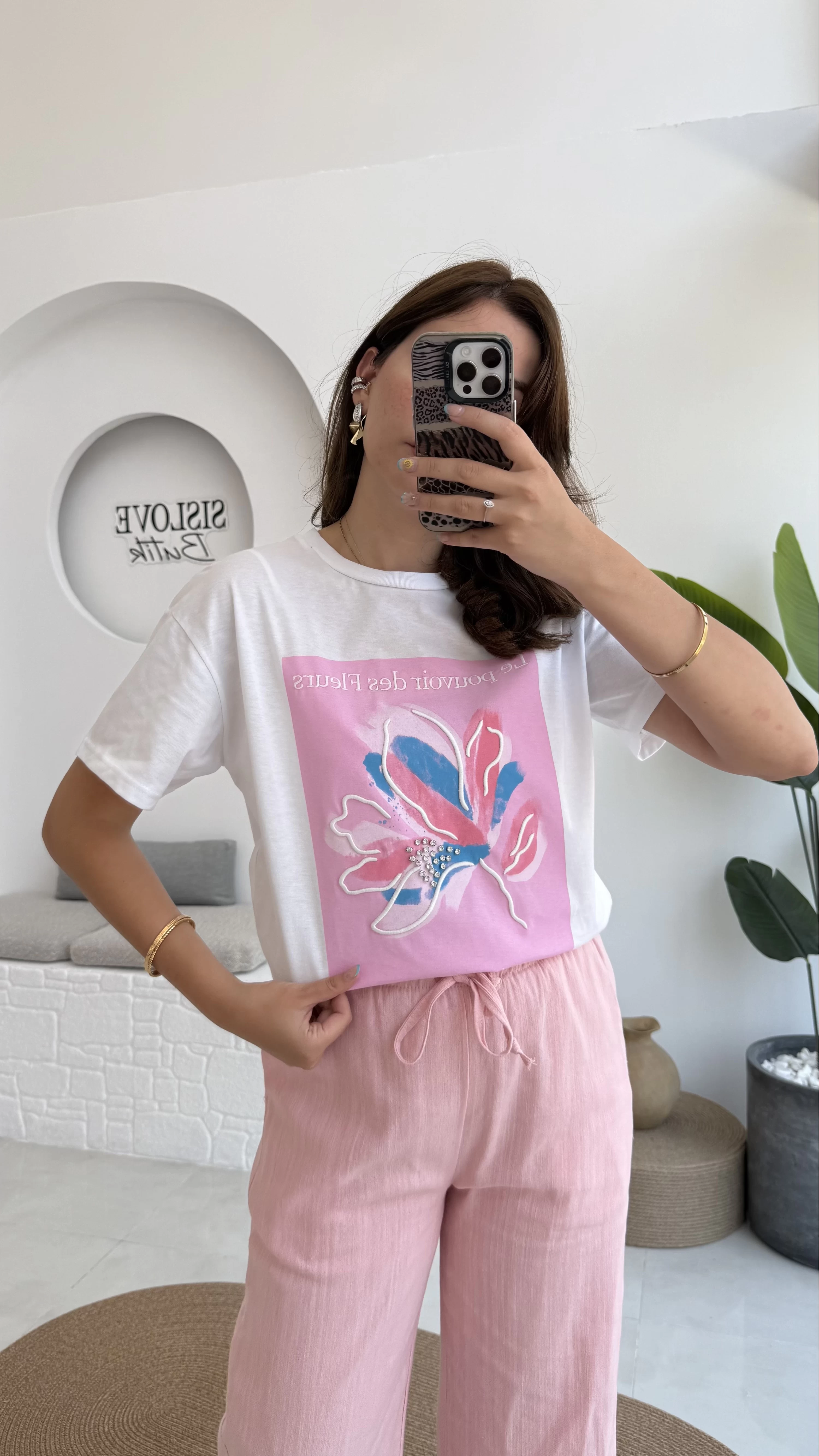 Taş İşlemeli Çiçekli T-shirt - Pembe
