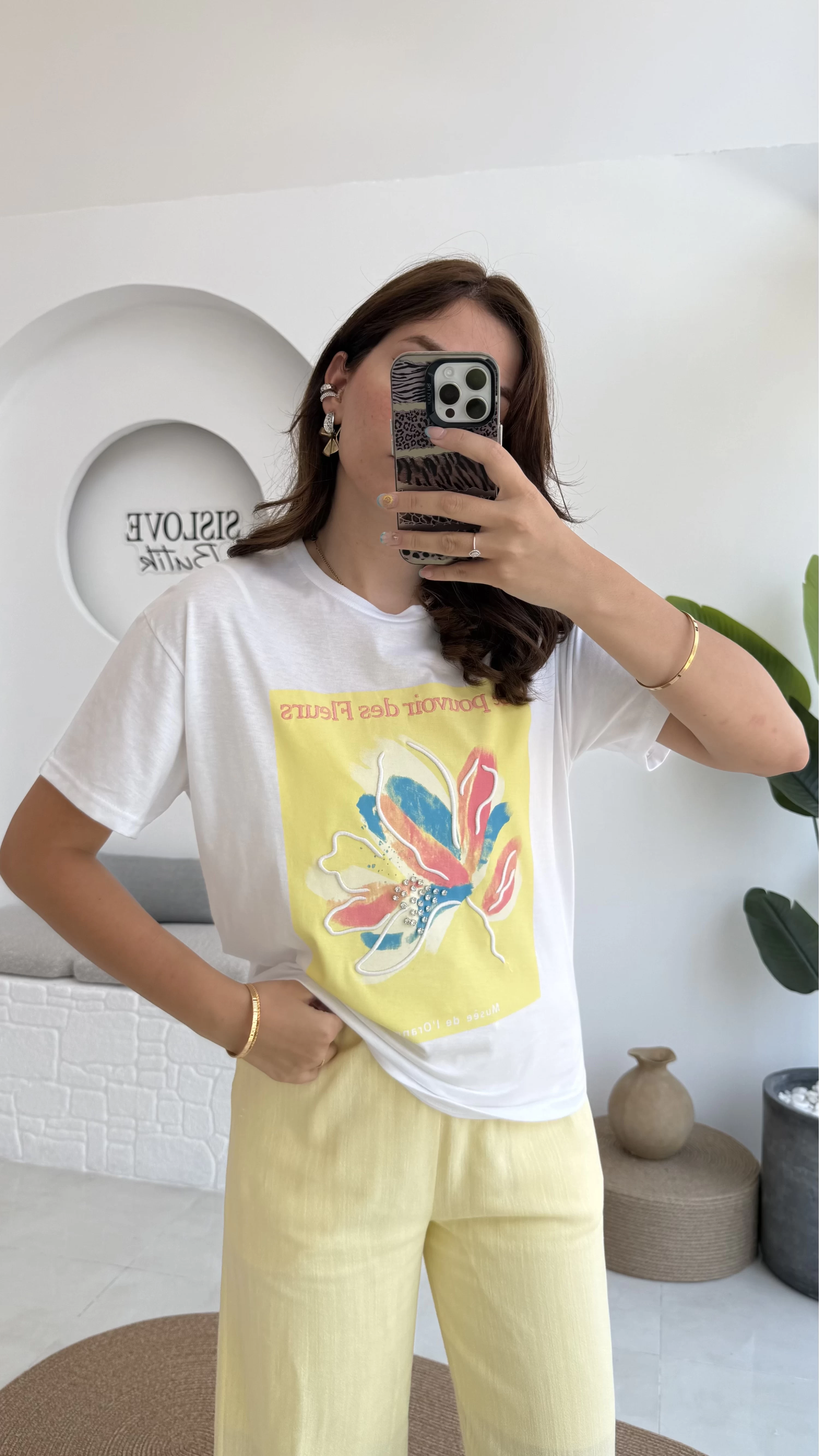 Taş İşlemeli Çiçekli T-shirt - Sarı