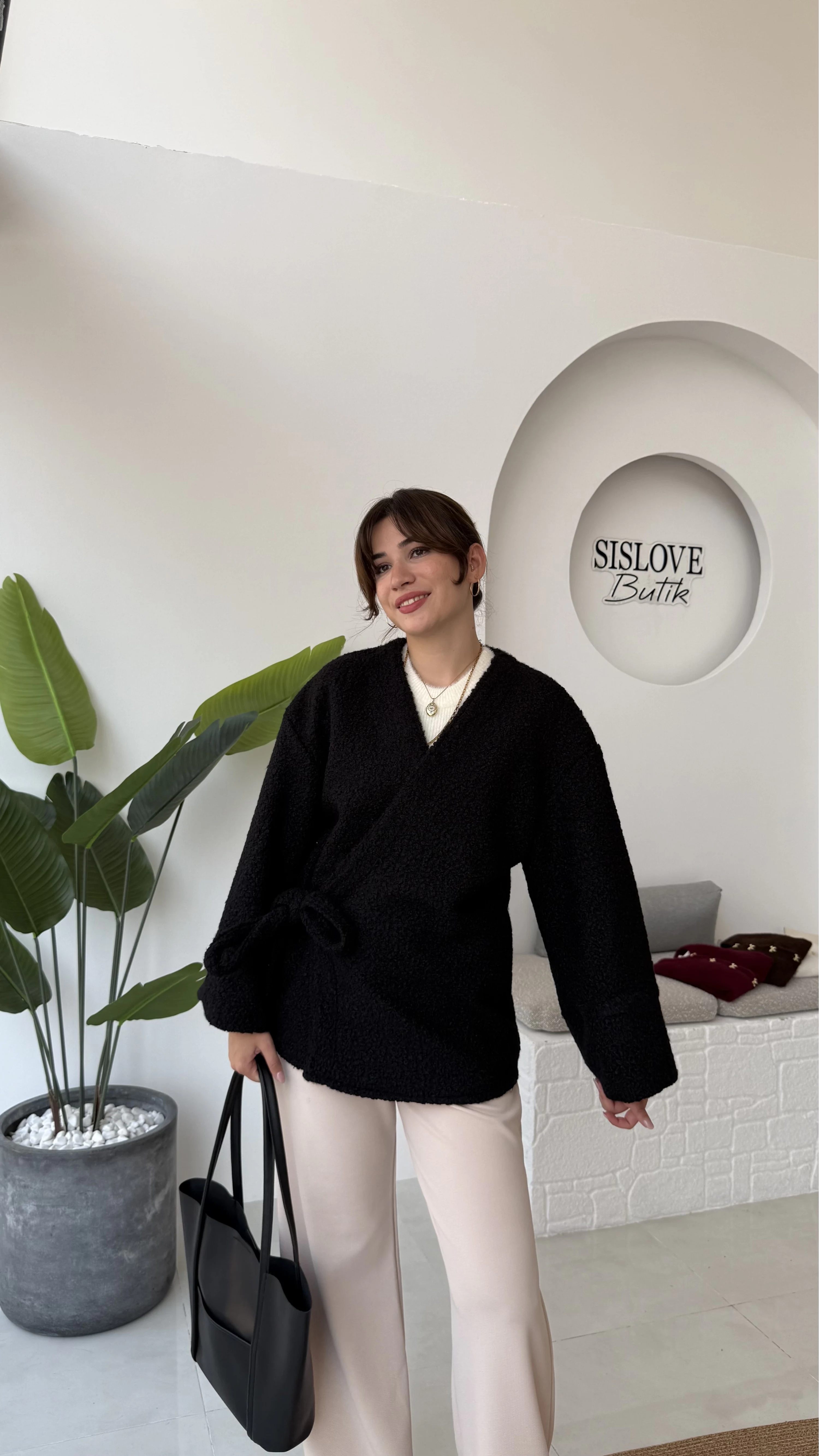 Teddy Kumaş Kimono - Siyah - Kod: 7020