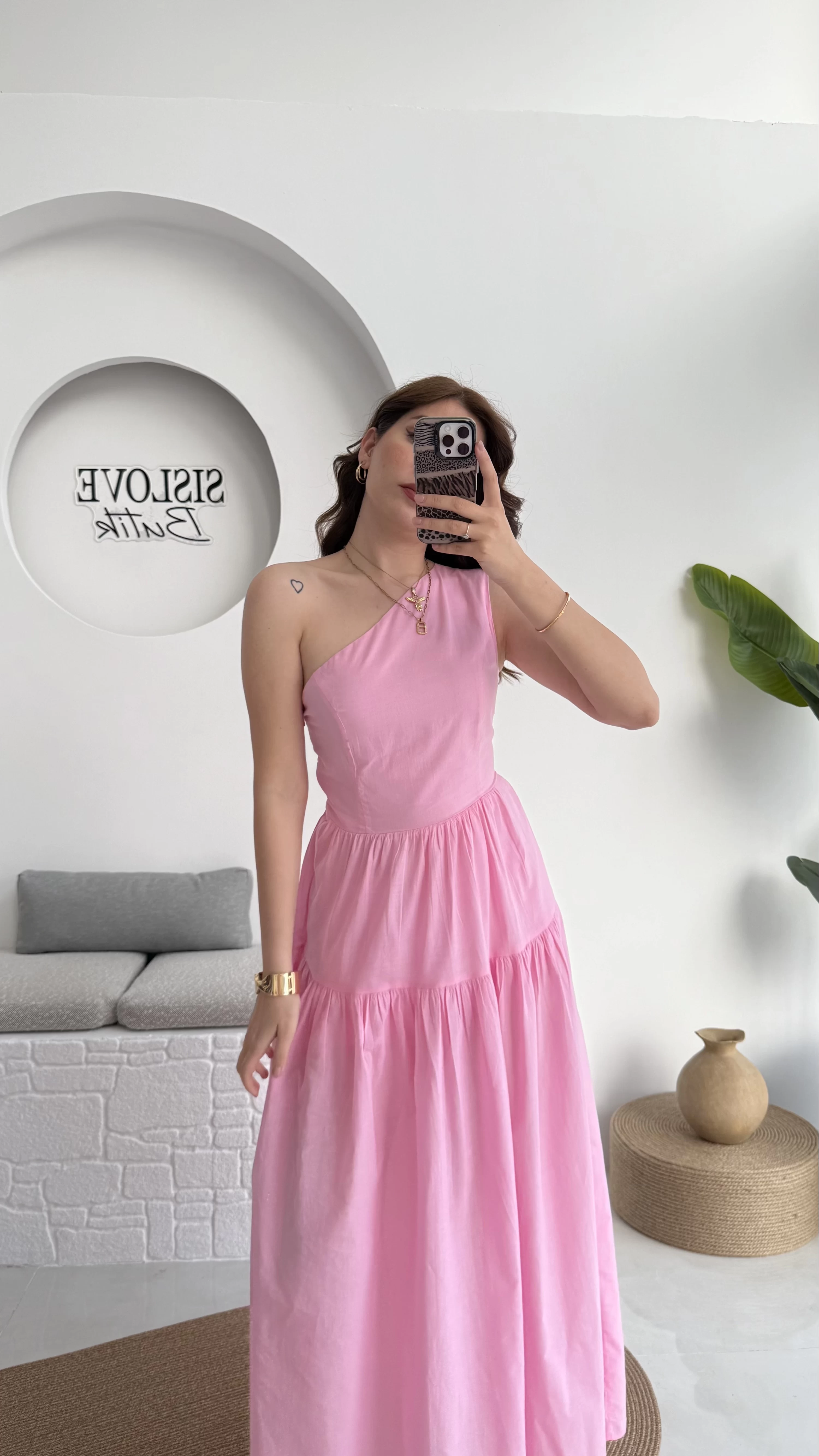 Tek Omuz Kat Kat Elbise - Pembe
