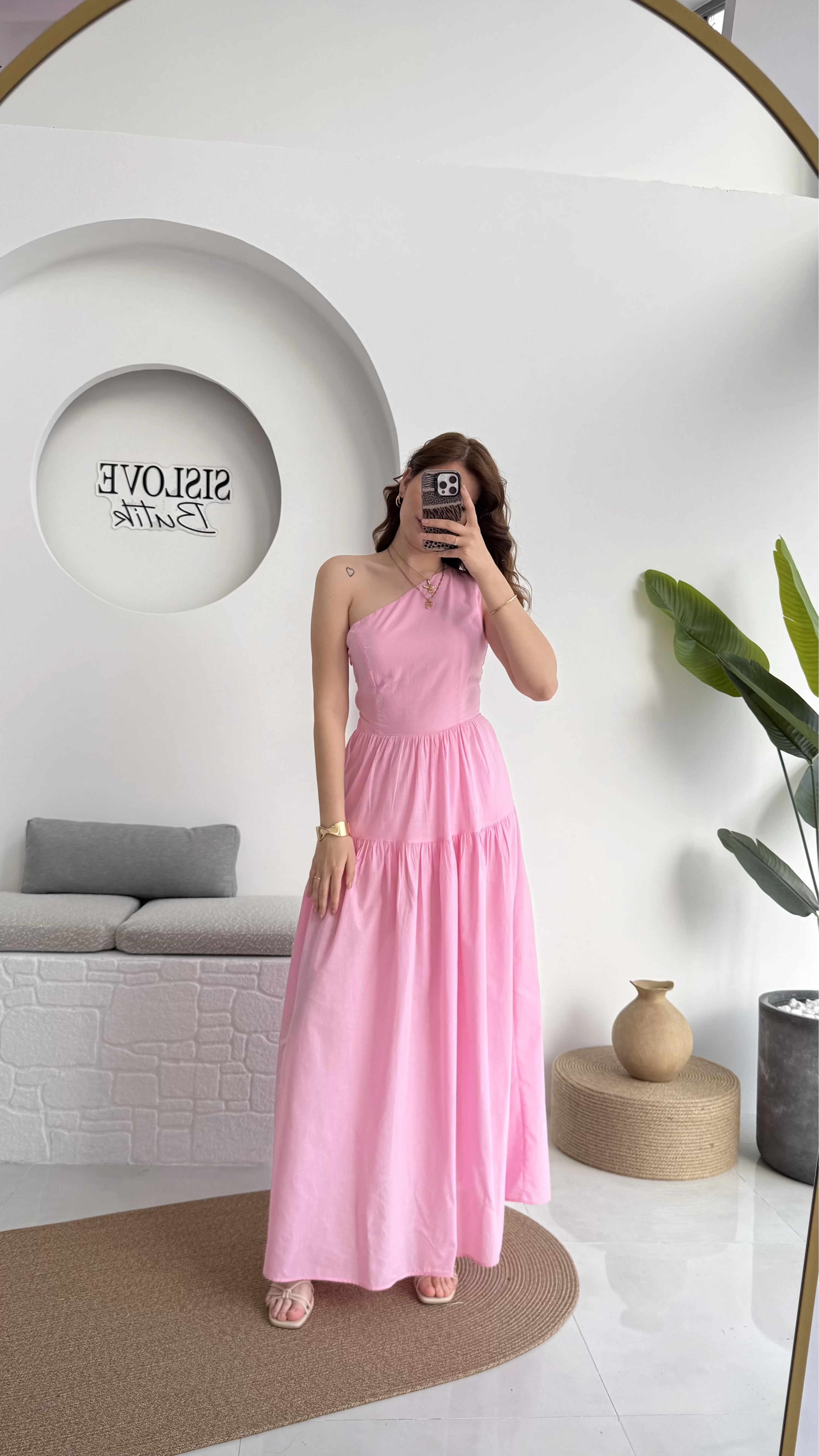 Tek Omuz Kat Kat Elbise - Pembe