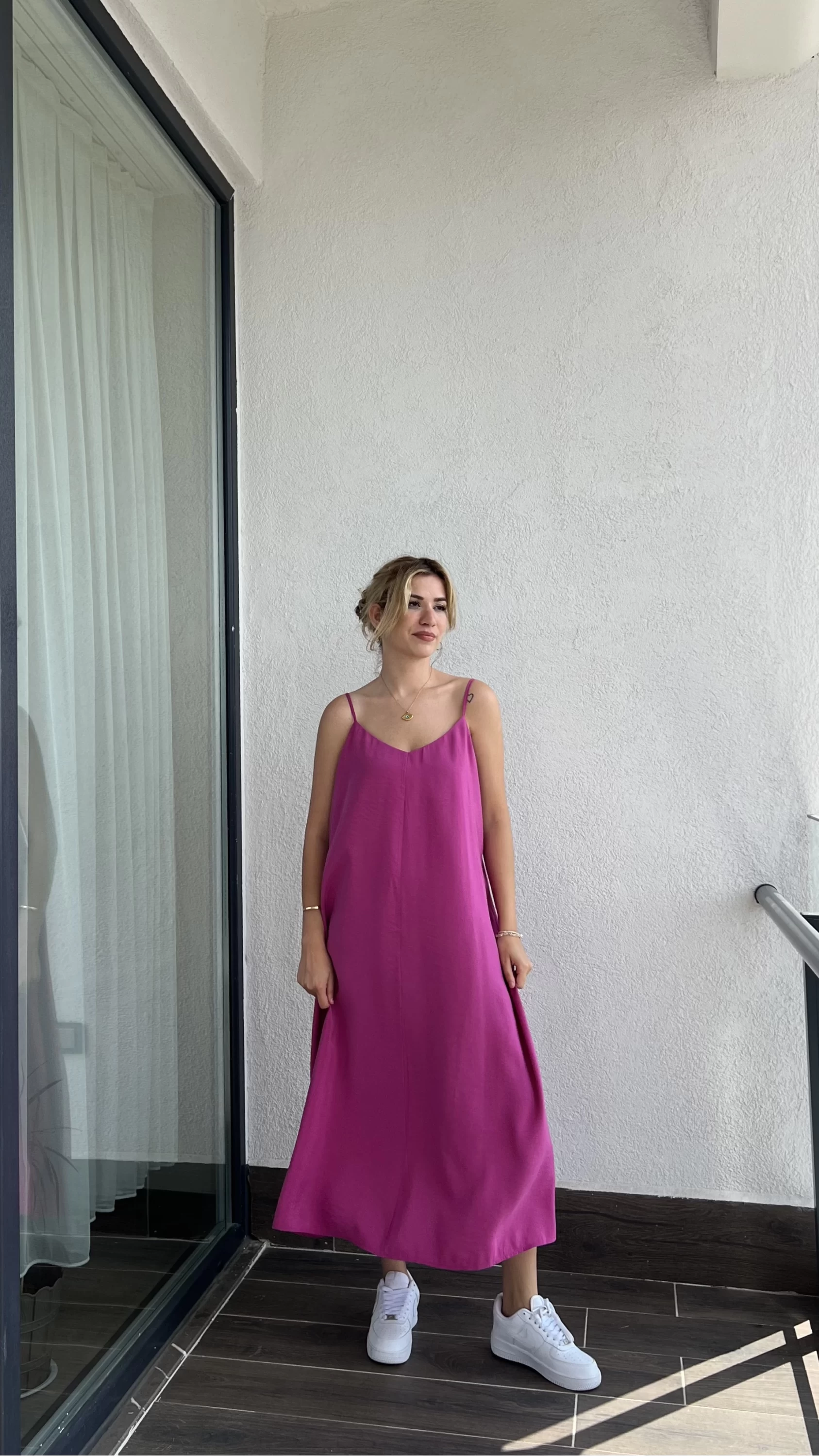 B X S TENSEL Oversize Fuşya Askılı Elbise