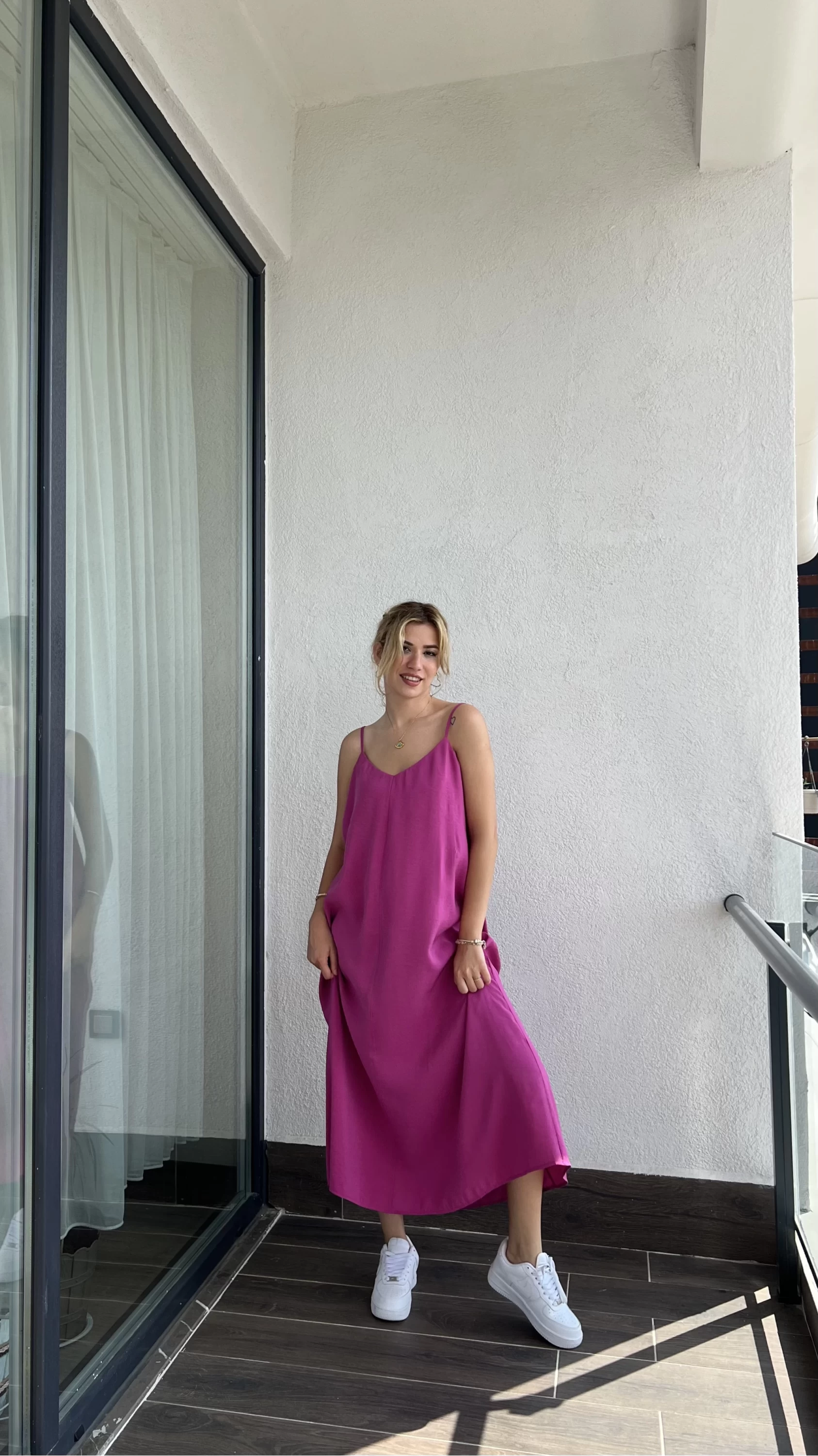 B X S TENSEL Oversize Fuşya Askılı Elbise