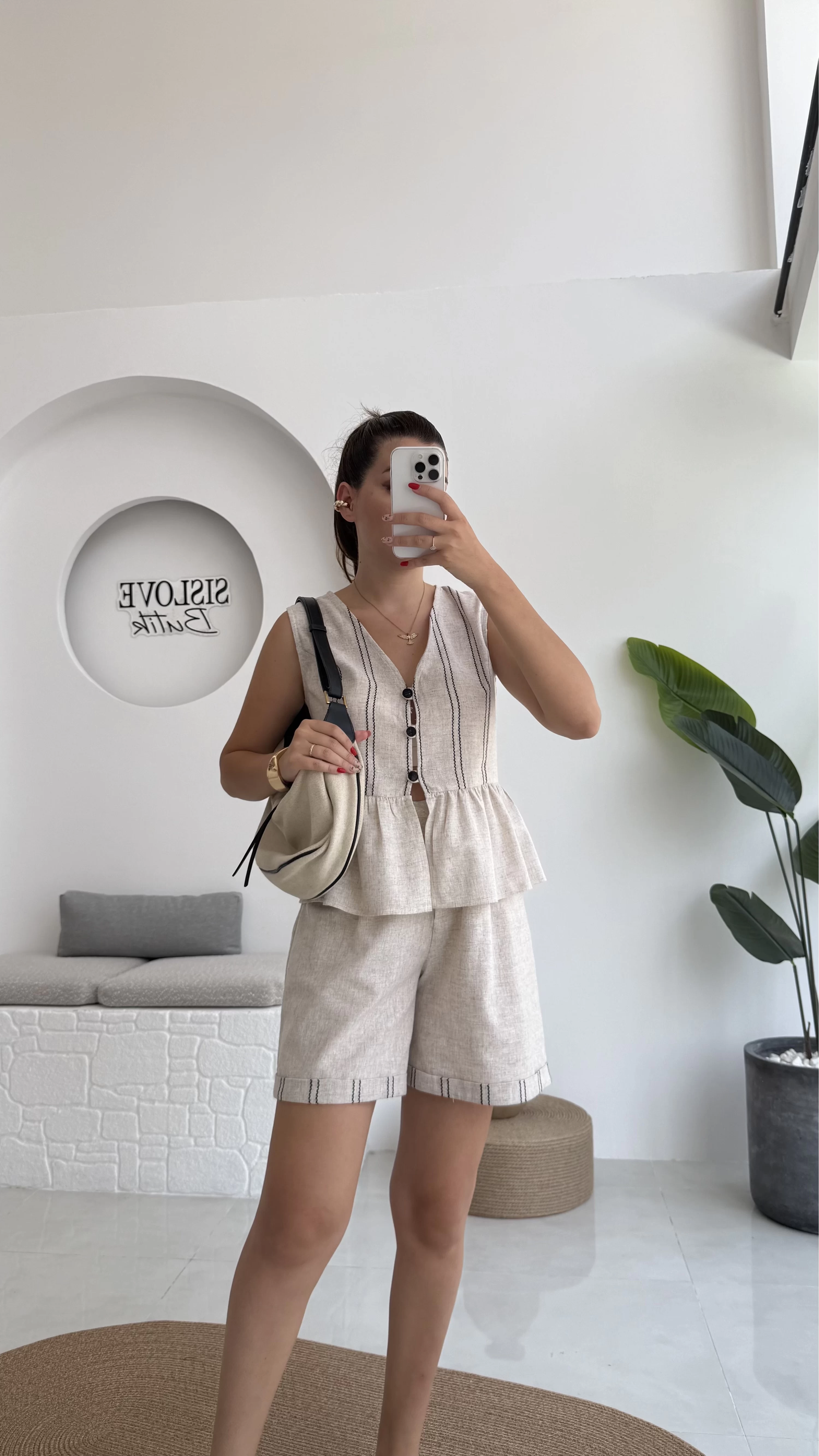 Tiana Çizgi Detay Keten Şort Takım - 8010