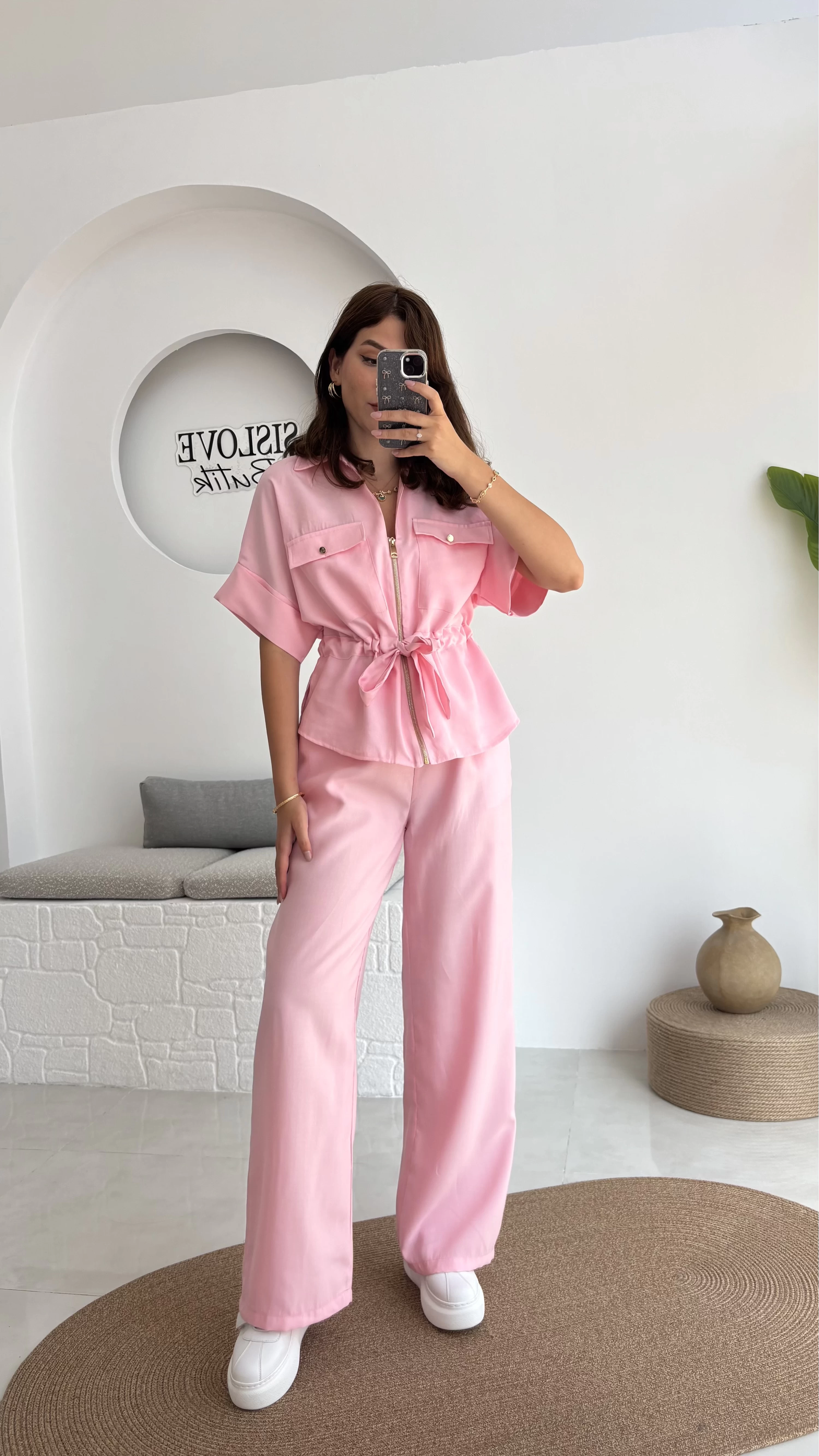 Tokyo Fermuarlı Gömlek Pantolon Takım - Pembe