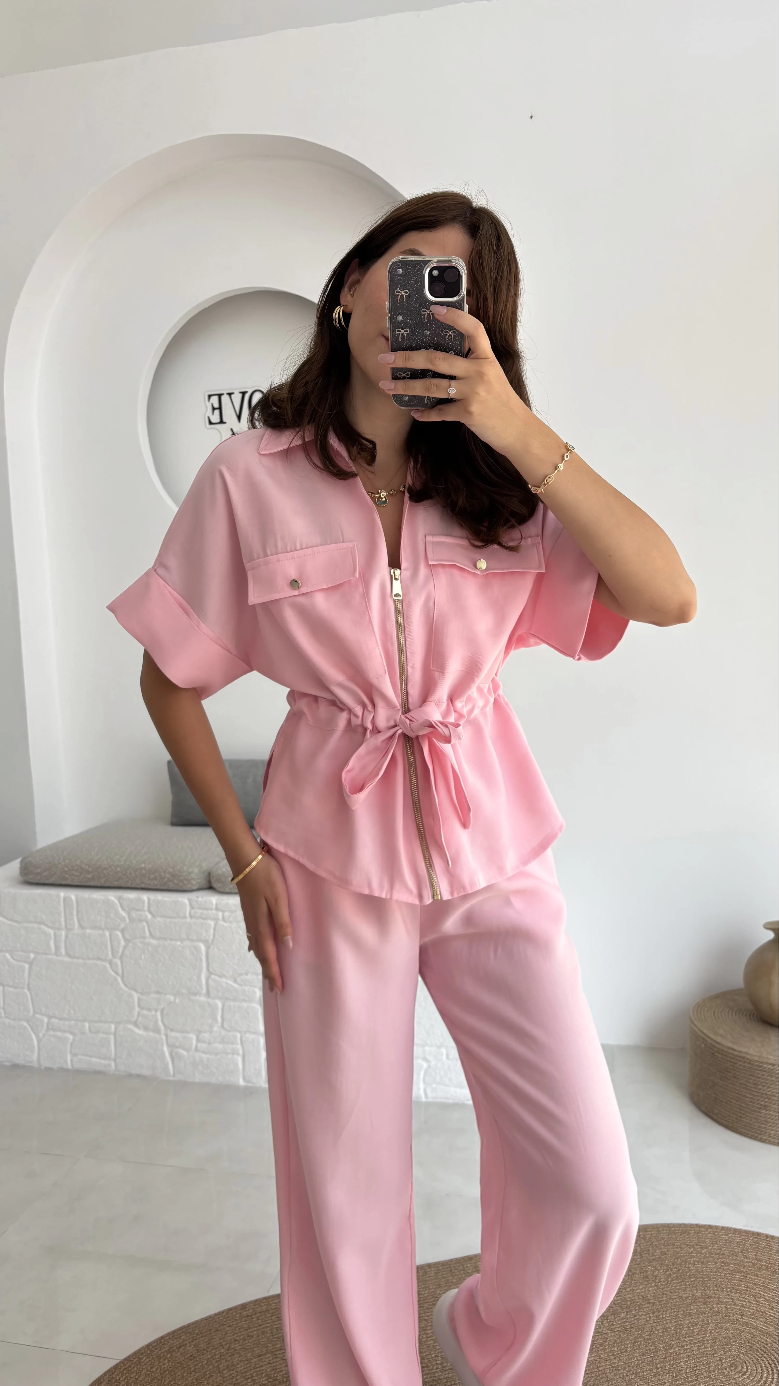 Tokyo Fermuarlı Gömlek Pantolon Takım - Pembe