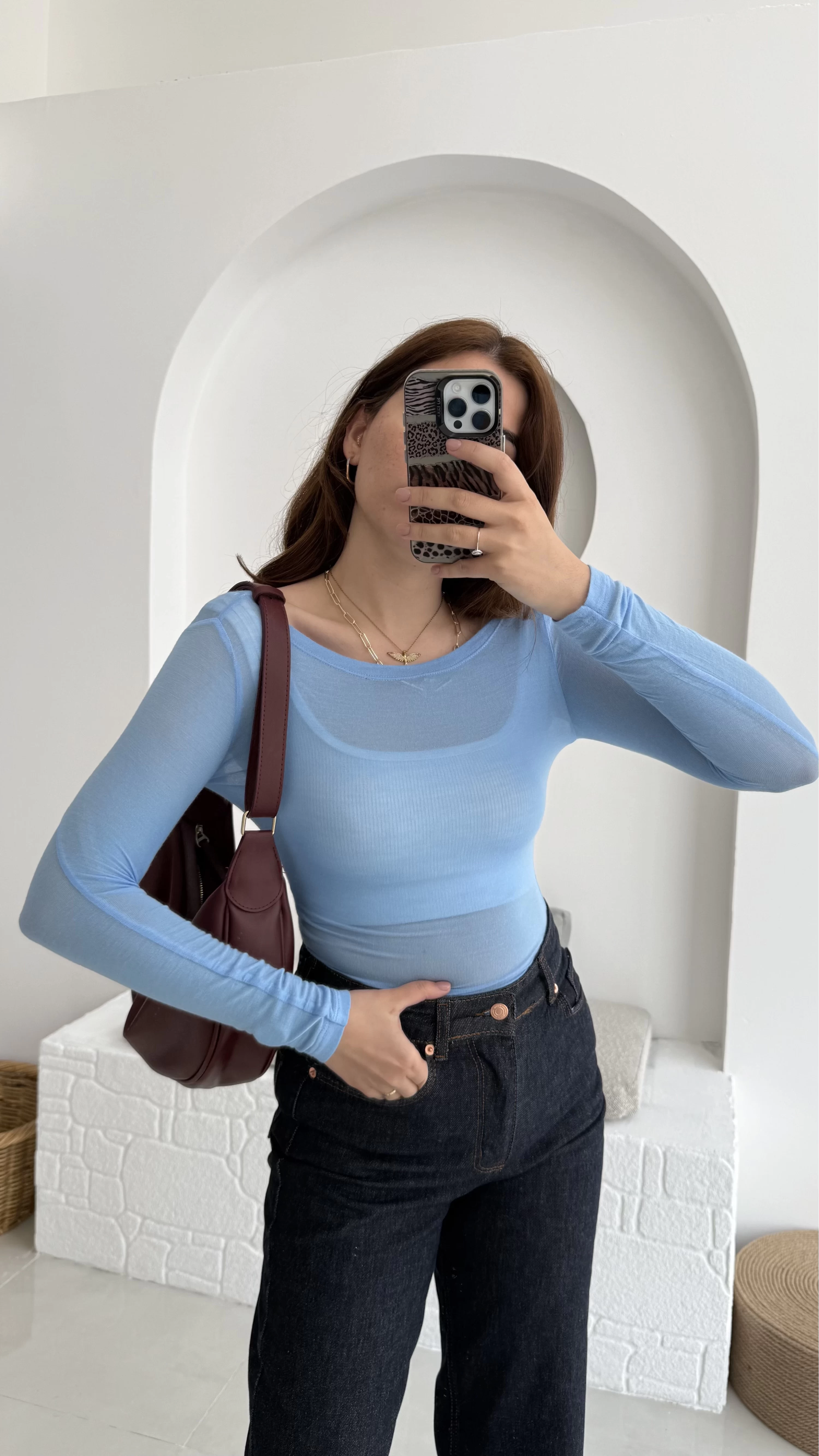 Transparan Mavi Kayık Yaka Bluz