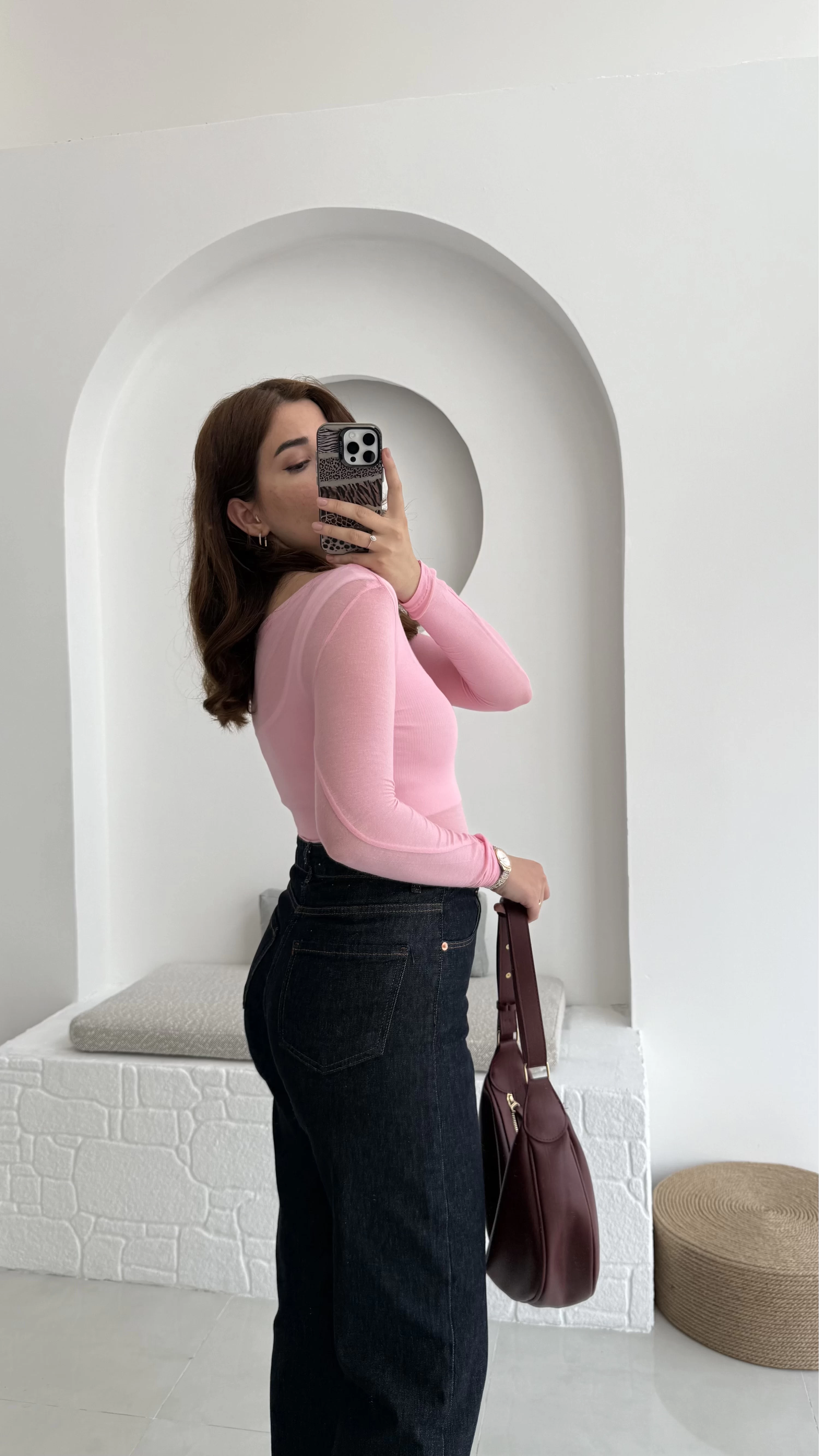 Transparan Pembe Kayık Yaka Bluz