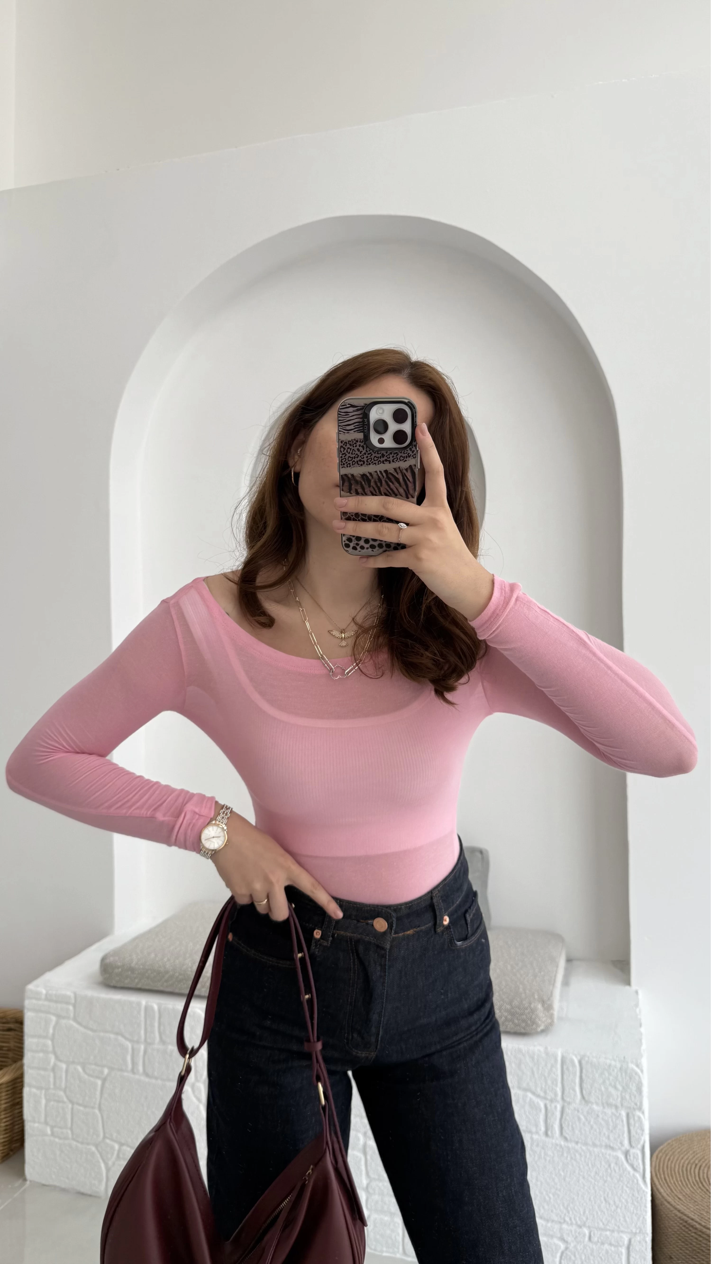 Transparan Pembe Kayık Yaka Bluz