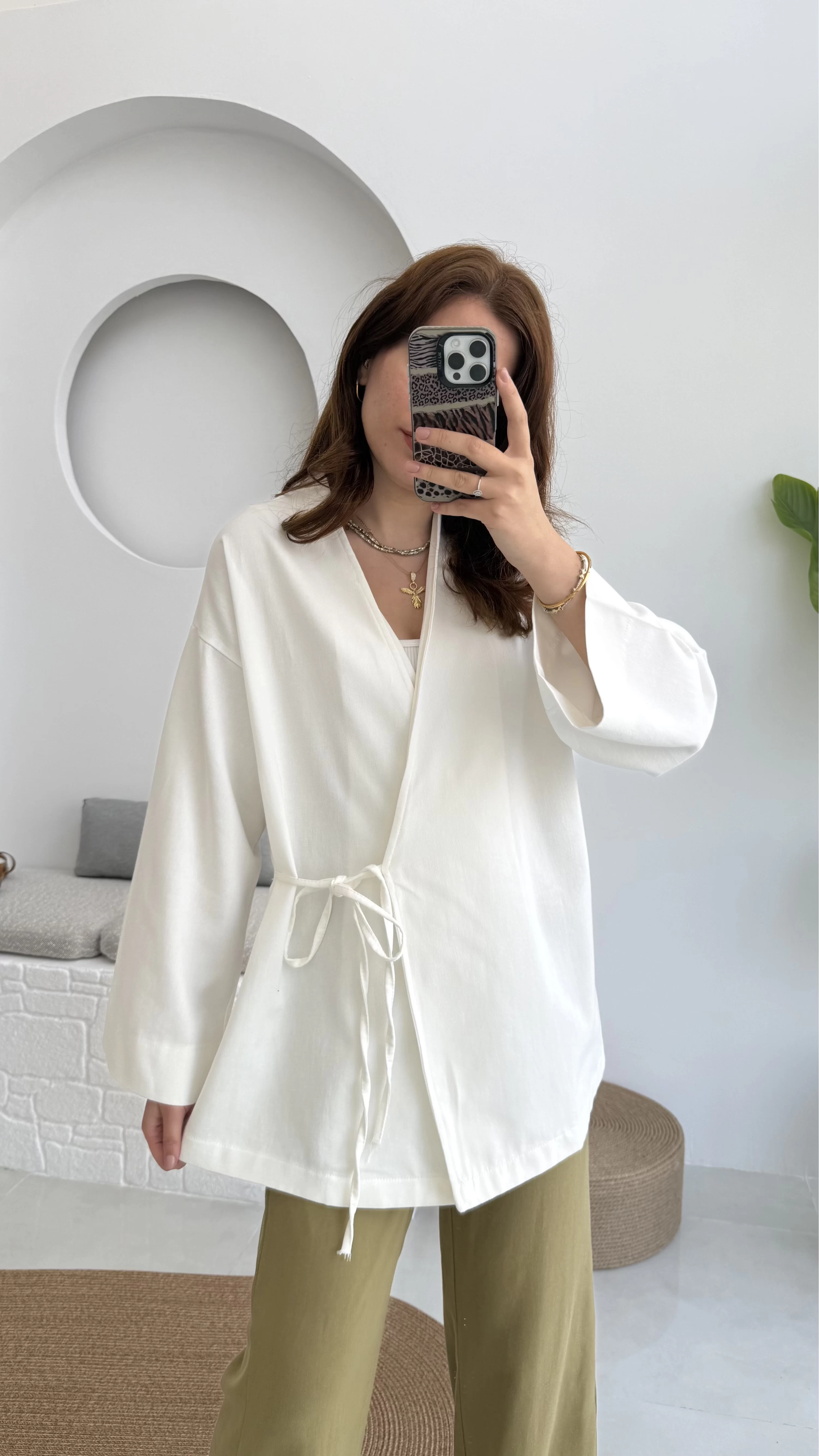 Tuus Keten Kimono Yandan Bağlamalı Beyaz